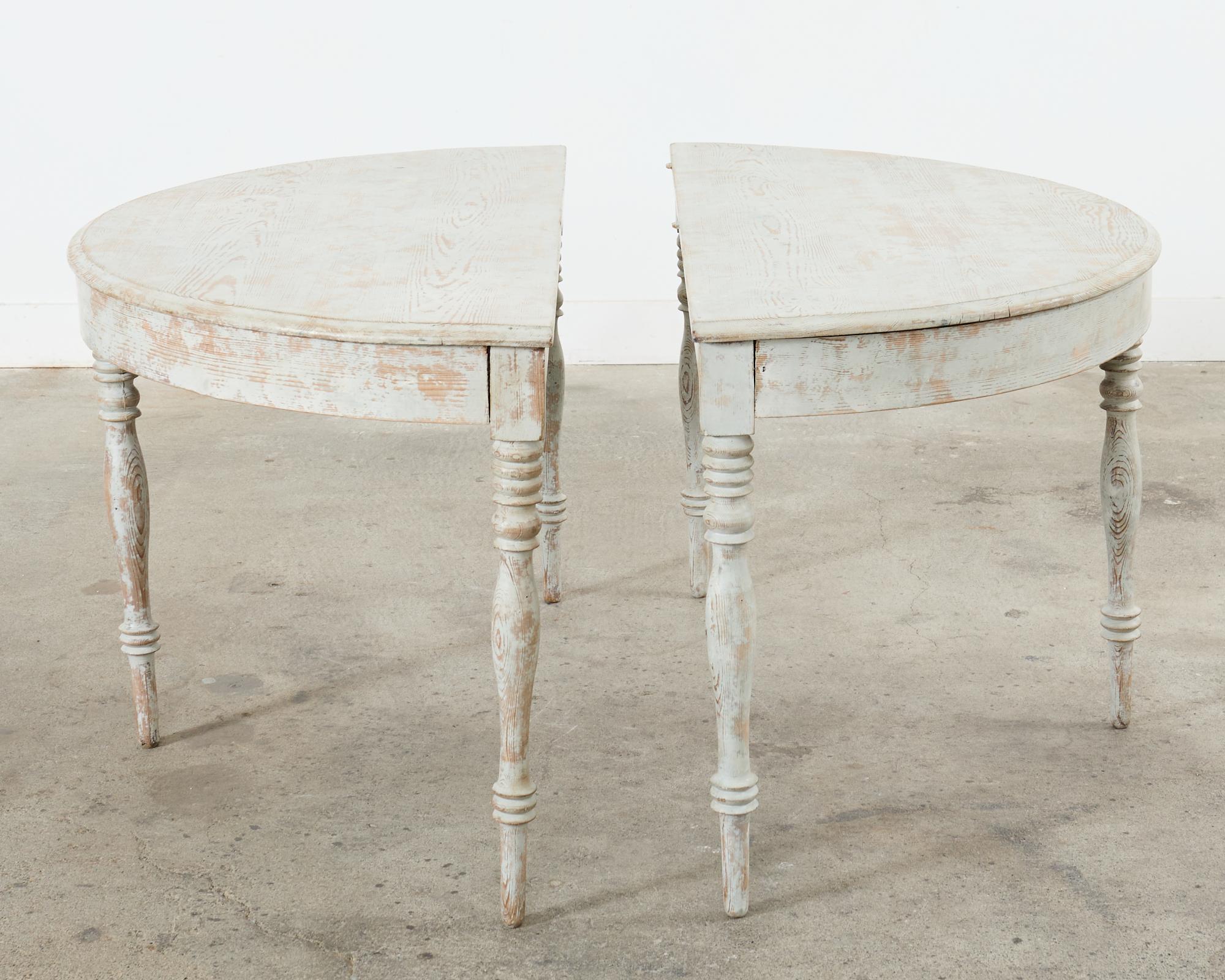 Pair of Swedish Gustavian Style Painted Pine Demilune Consoles For Sale 2