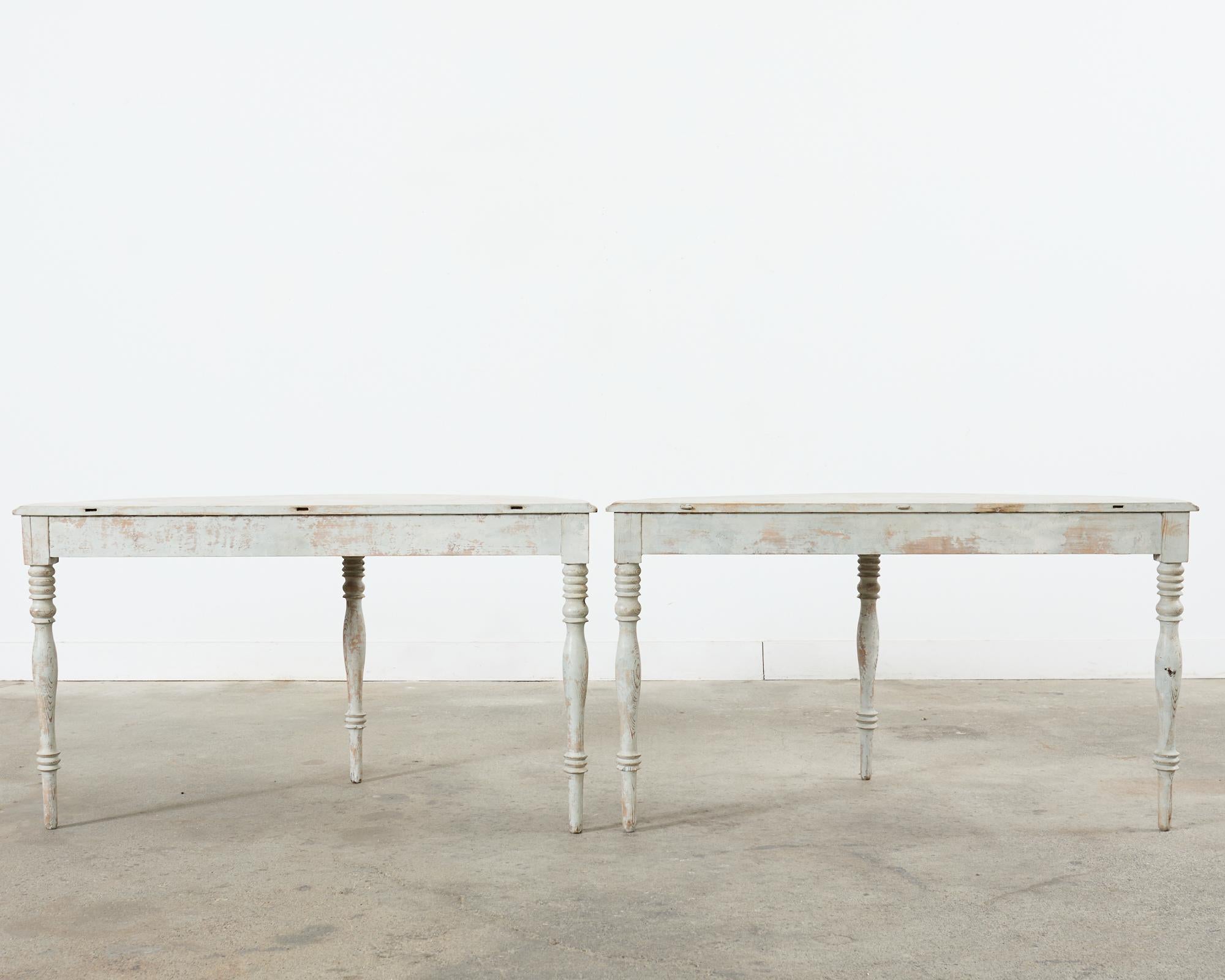 Pair of Swedish Gustavian Style Painted Pine Demilune Consoles For Sale 5