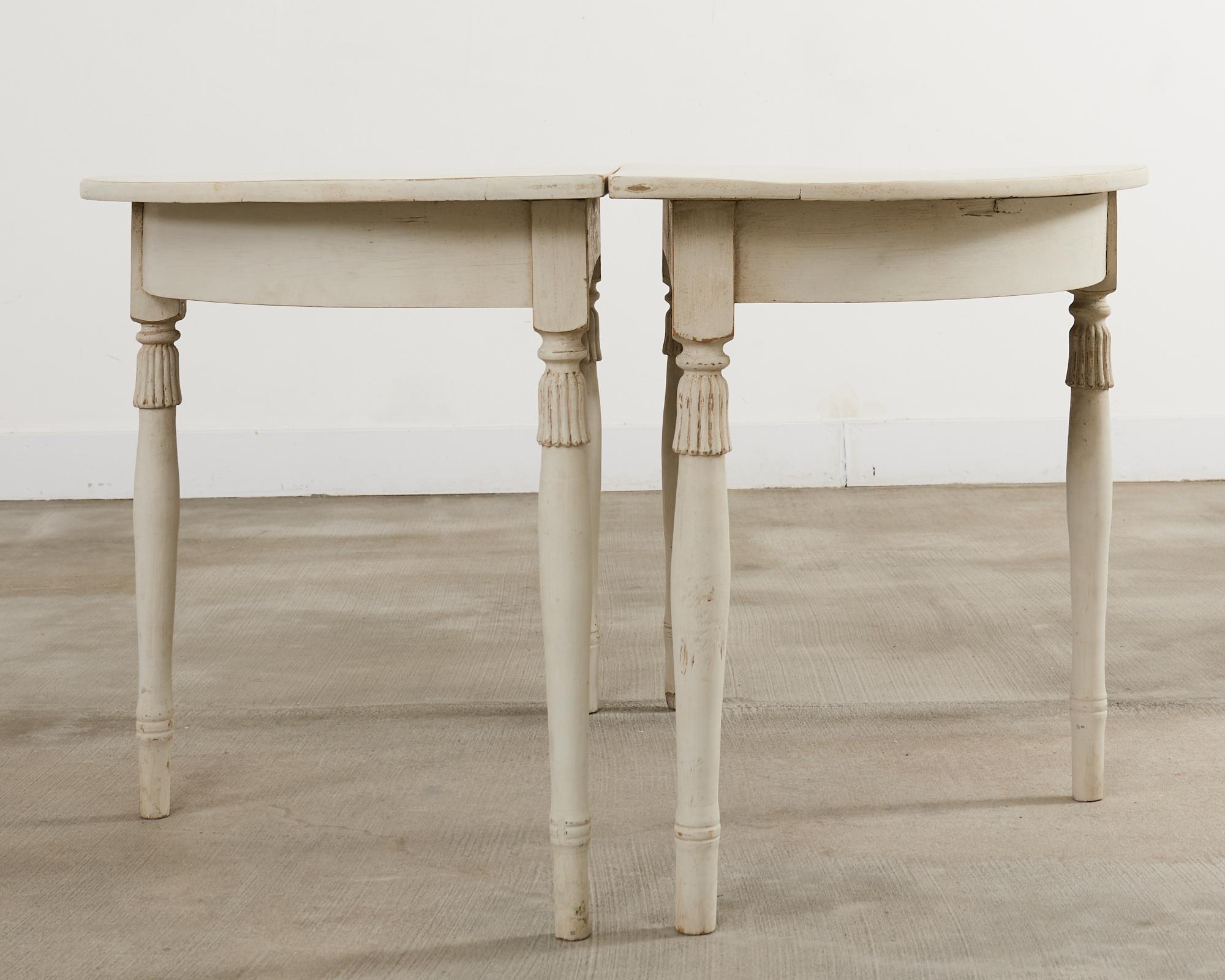 Pair of Swedish Gustavian Style Painted Pine Demilune Consoles For Sale 5