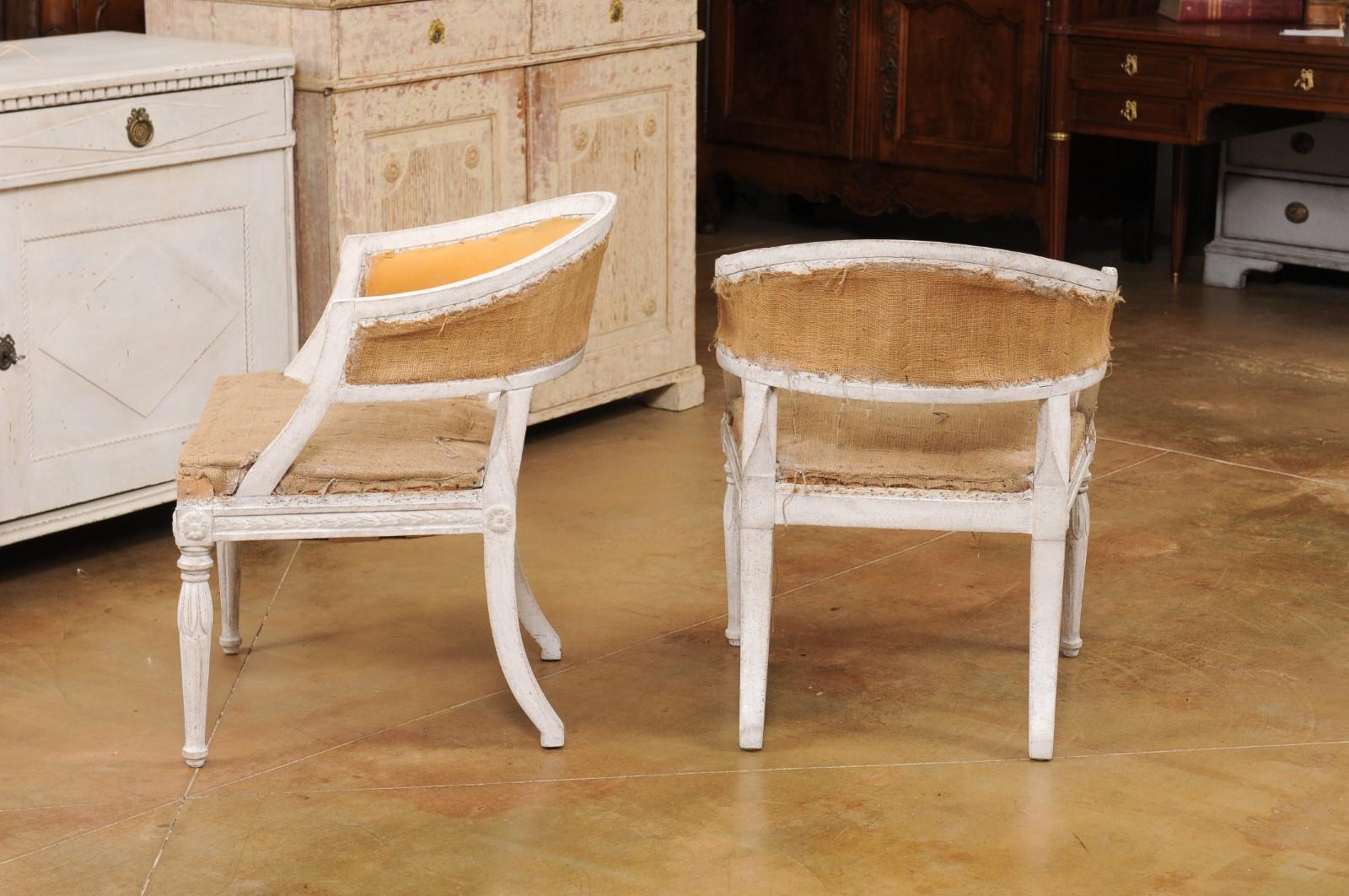 Pair of Swedish Gustavian Style Painted Tub Chairs with Carved Campanula Friezes For Sale 5