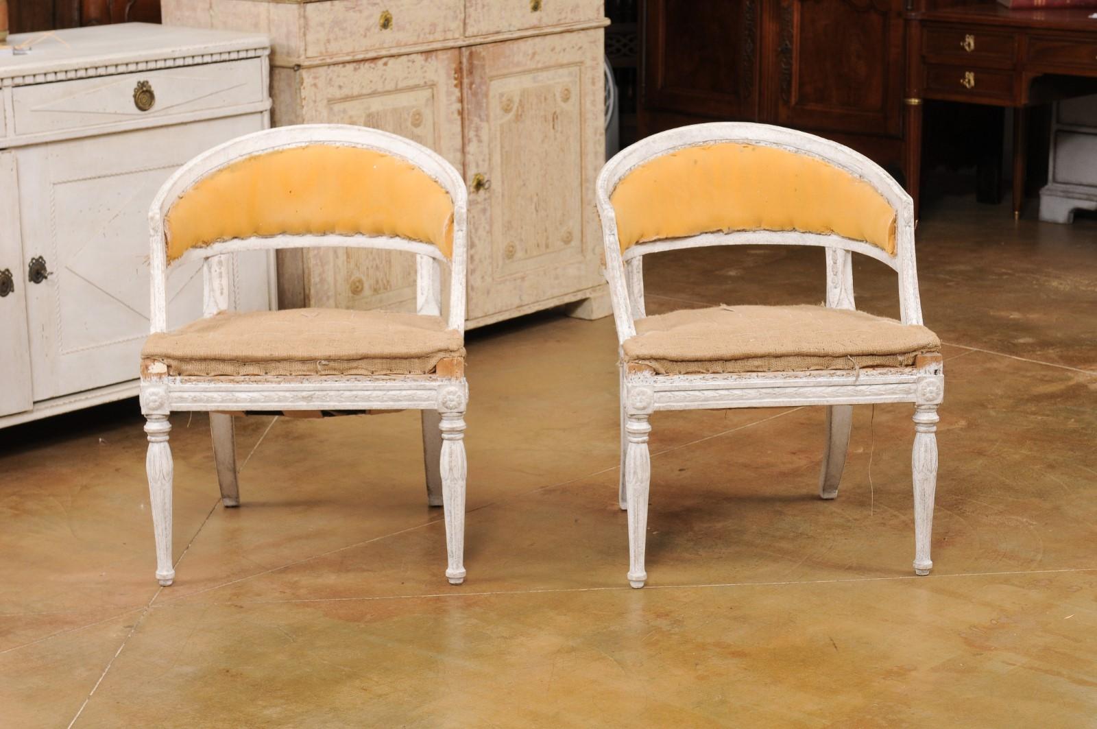 Pair of Swedish Gustavian Style Painted Tub Chairs with Carved Campanula Friezes For Sale 6