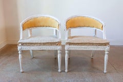 Pair of Swedish Gustavian Style Painted Tub Chairs with Carved Campanula Friezes