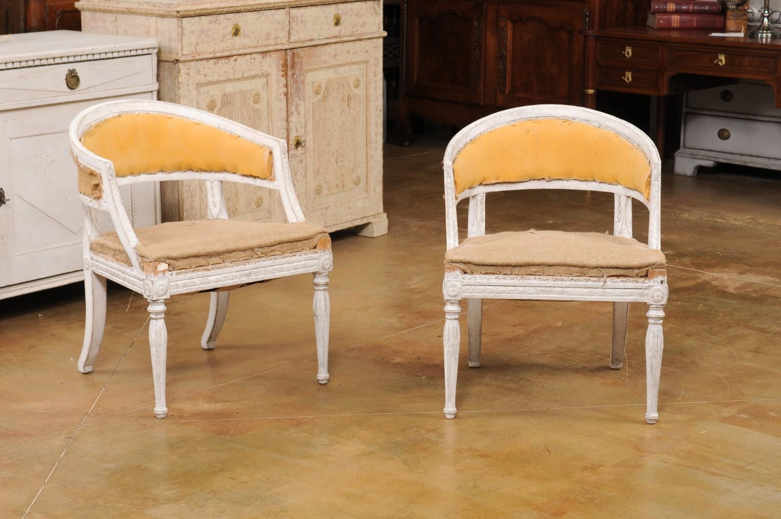 Pair of Swedish Gustavian Style Painted Tub Chairs with Carved Campanula Friezes In Good Condition For Sale In Atlanta, GA