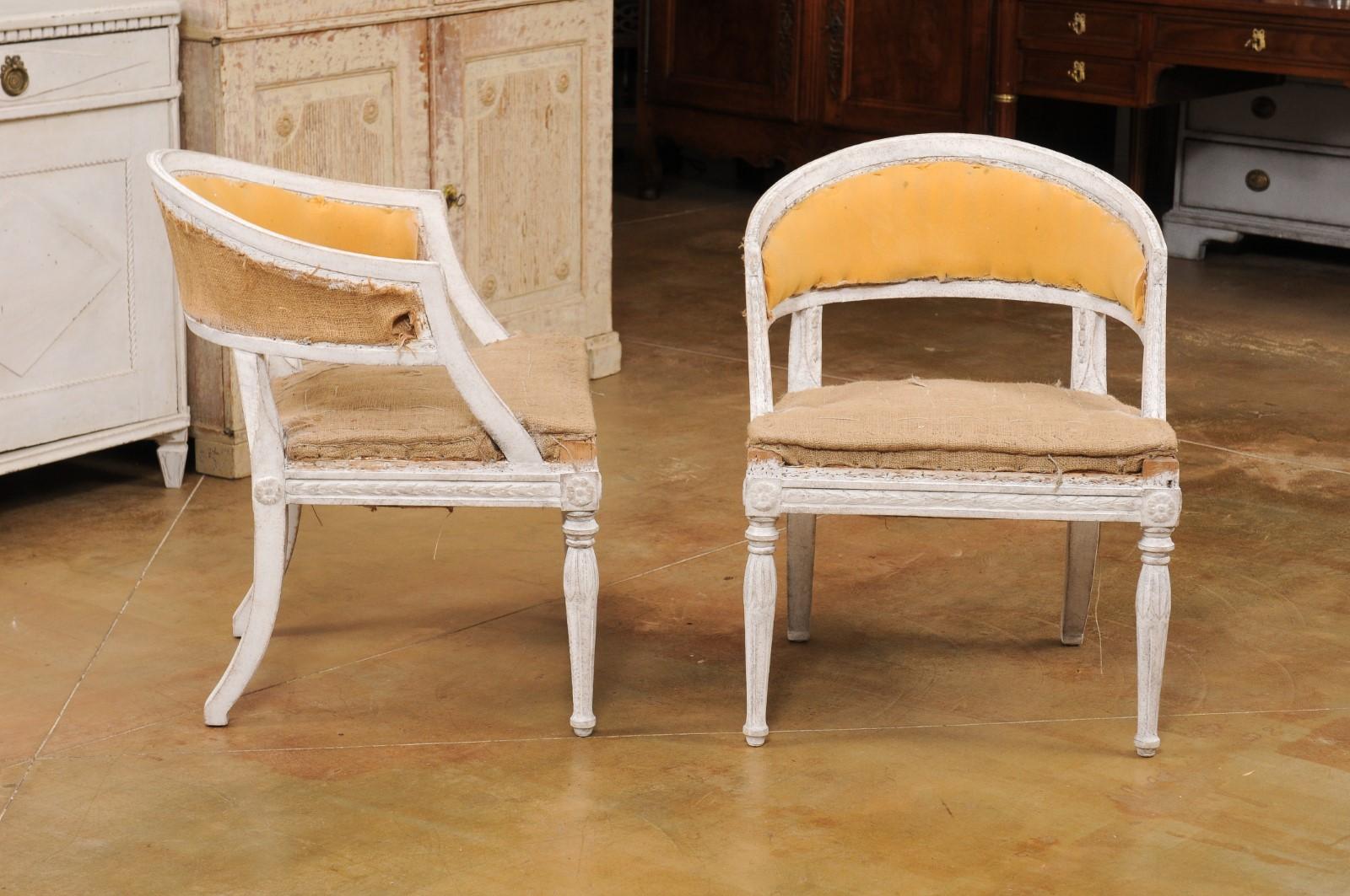 Wood Pair of Swedish Gustavian Style Painted Tub Chairs with Carved Campanula Friezes For Sale