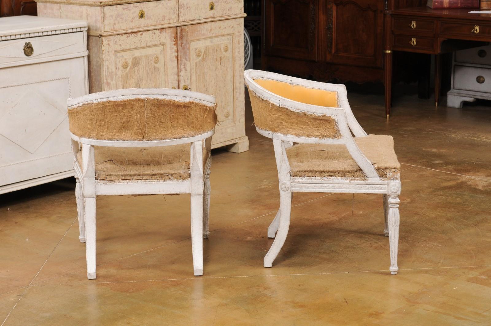 Pair of Swedish Gustavian Style Painted Tub Chairs with Carved Campanula Friezes For Sale 4