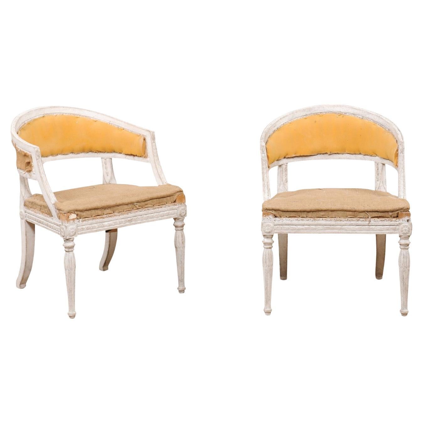 Pair of Swedish Gustavian Style Painted Tub Chairs with Carved Campanula Friezes For Sale