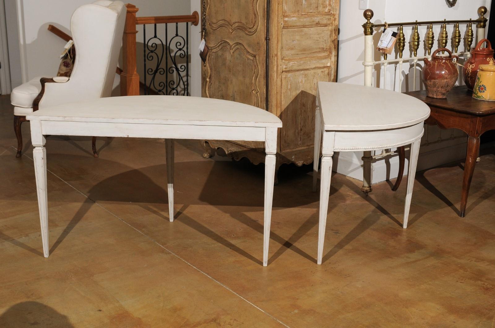 Pair of Swedish Gustavian Style Painted Wood Demilune Console Tables, circa 1880 2