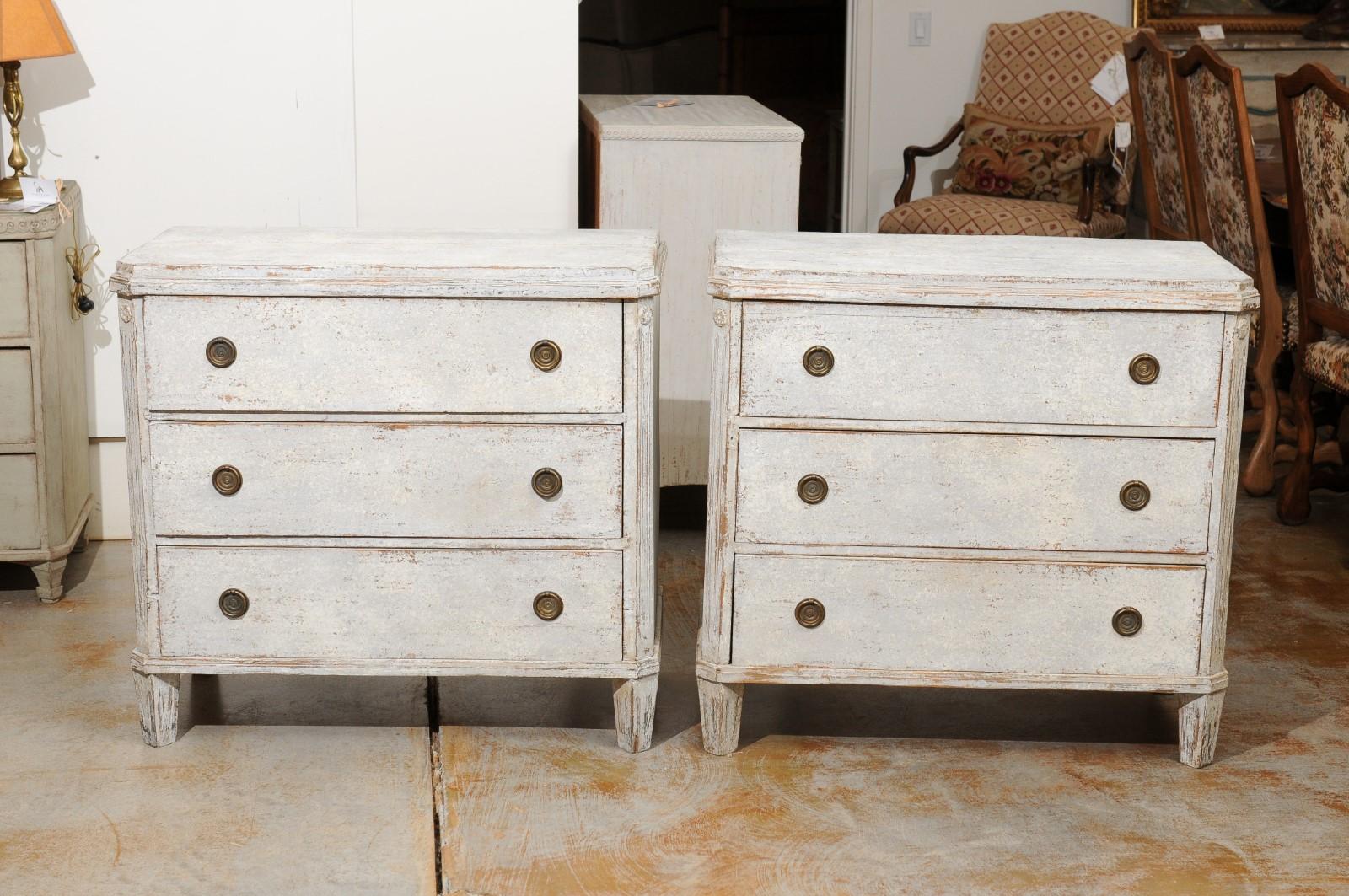 Pair of Swedish Gustavian Style Painted Wood Three-Drawer Chests with Rosettes 6