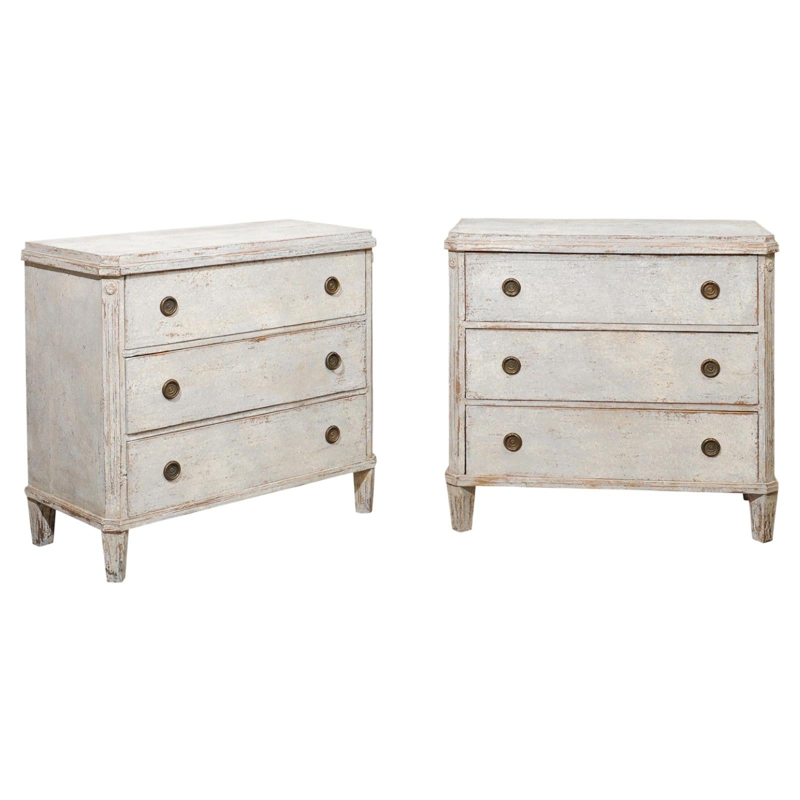 Pair of Swedish Gustavian Style Painted Wood Three-Drawer Chests with Rosettes