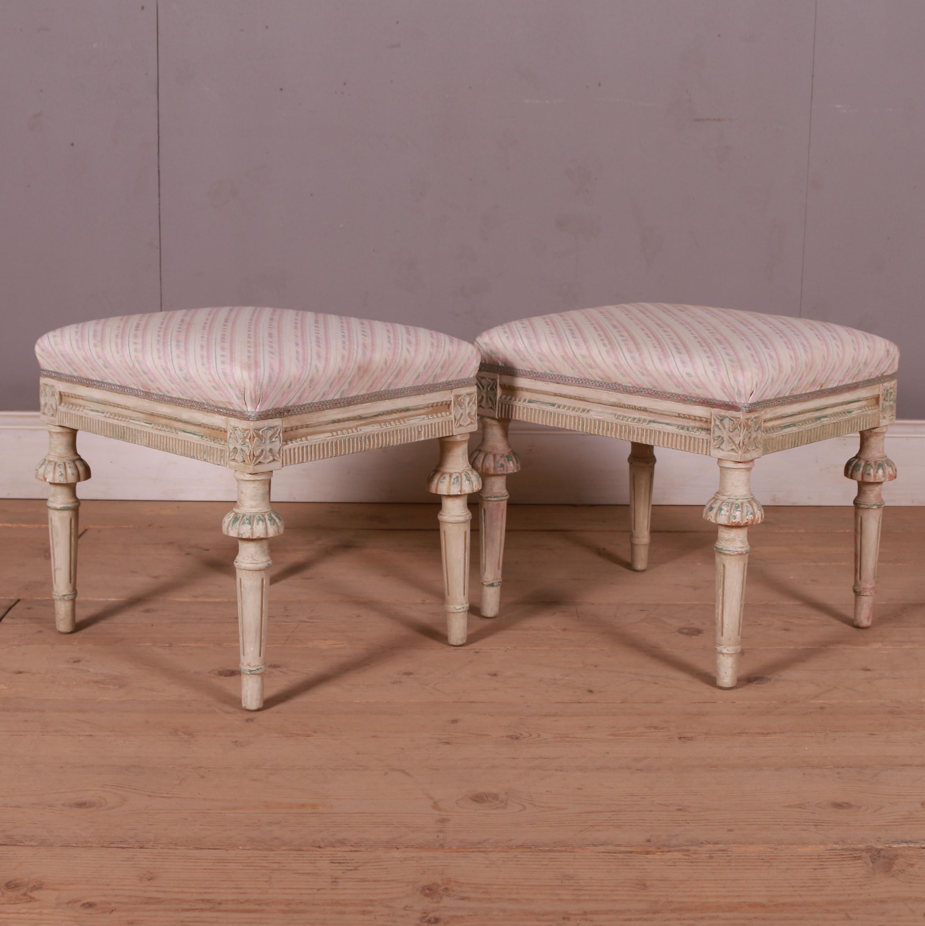 Pair of 19th C Swedish Gustavian style stools. Great decoration to legs and apron. Great worn paint revealing traces of original paint. 1880

These need to be recovered as one of the seats is stained as photographed

Dimensions
20 inches (51