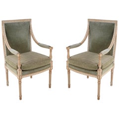 Pair of Swedish Gustavian Style White Wood and Sage Upholstered Armchairs