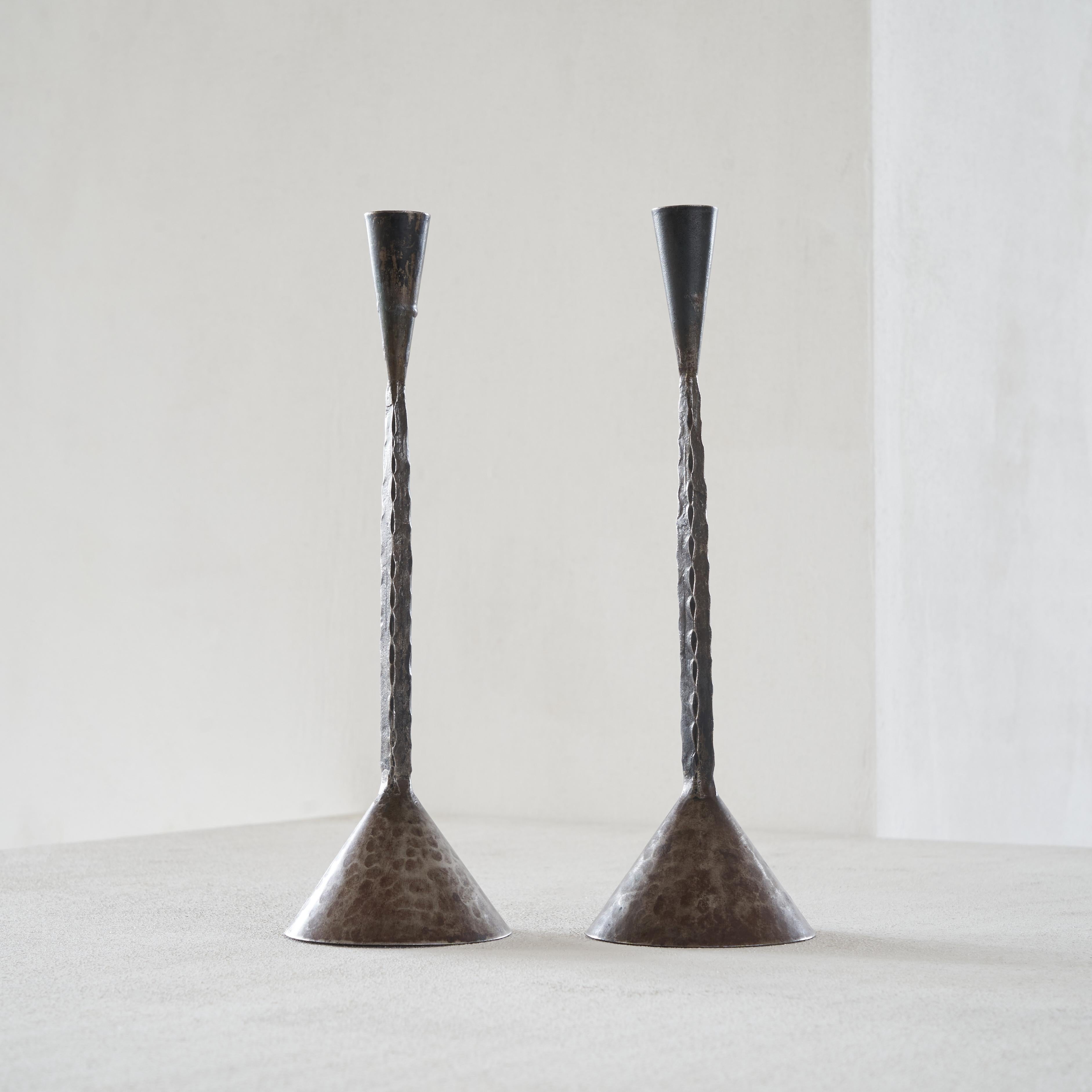 Pair of Swedish Hand Hammered Brutalist Candlesticks In Good Condition In Tilburg, NL