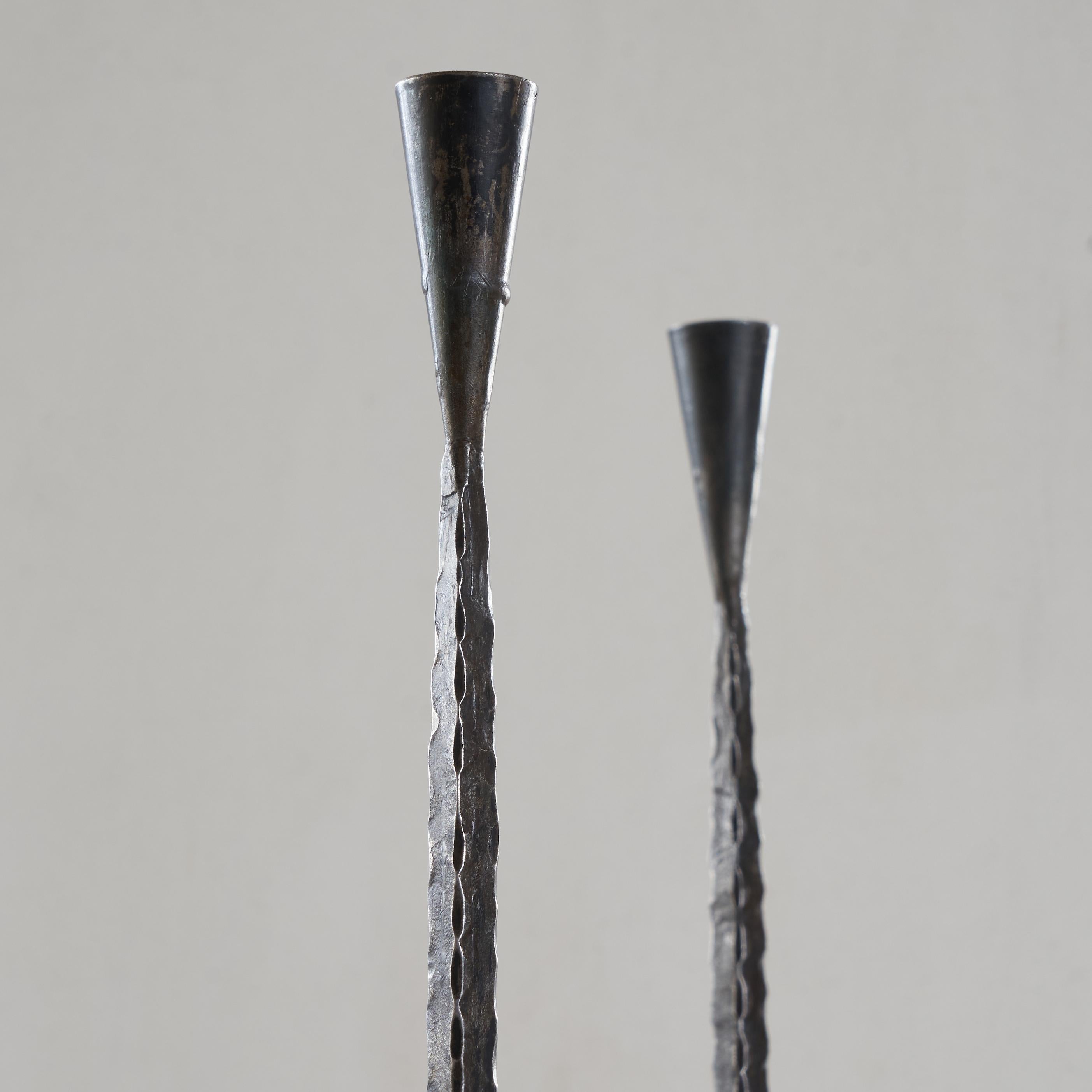 Metal Pair of Swedish Hand Hammered Brutalist Candlesticks