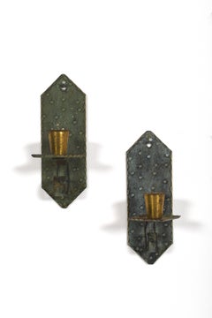 Pair of Swedish Hand-Hammered Copper and Brass Candle Sconces, 1930s