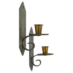 Vintage Pair of Swedish Hand-Hammered Copper and Brass Candle Sconces, 1930s