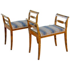 Pair of Swedish Inlaid Benches or Stools in Highly Figured Birch, circa 1920