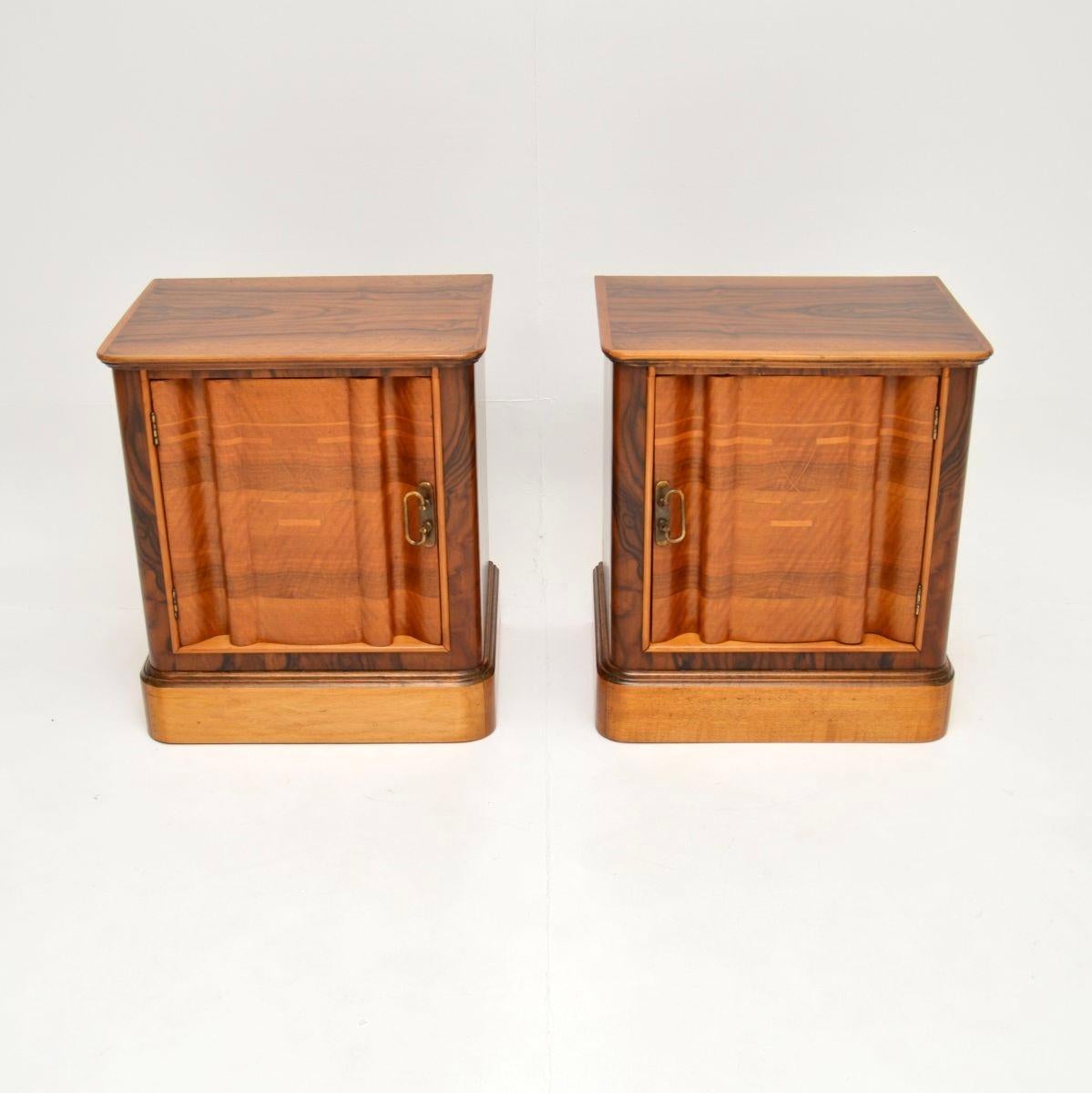 A stunning pair of Swedish inlaid walnut Art Deco bedside cabinets. They were recently imported from Sweden, they date from the 1920-30’s.

The quality is exceptional, they are beautifully designed and are a very useful size. There are stunning