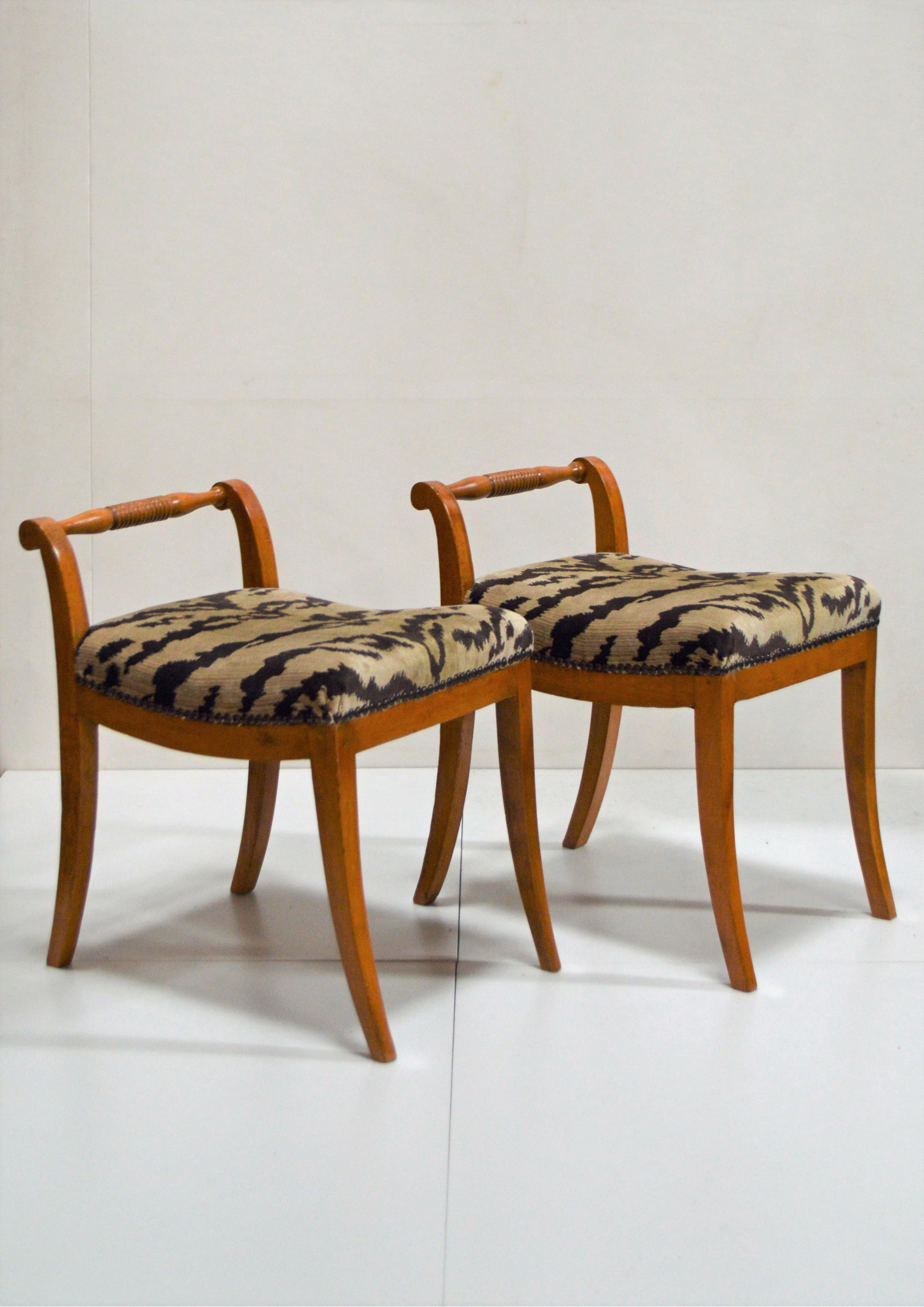 Delightful Karl Johan (Biedermeier) Revival petite benchs or stools upholstered in luxurious tiger stripe silk velvet with nailhead trim. The finish has mellowed to a rich amber color which has been touched up but not altered in color. The joints
