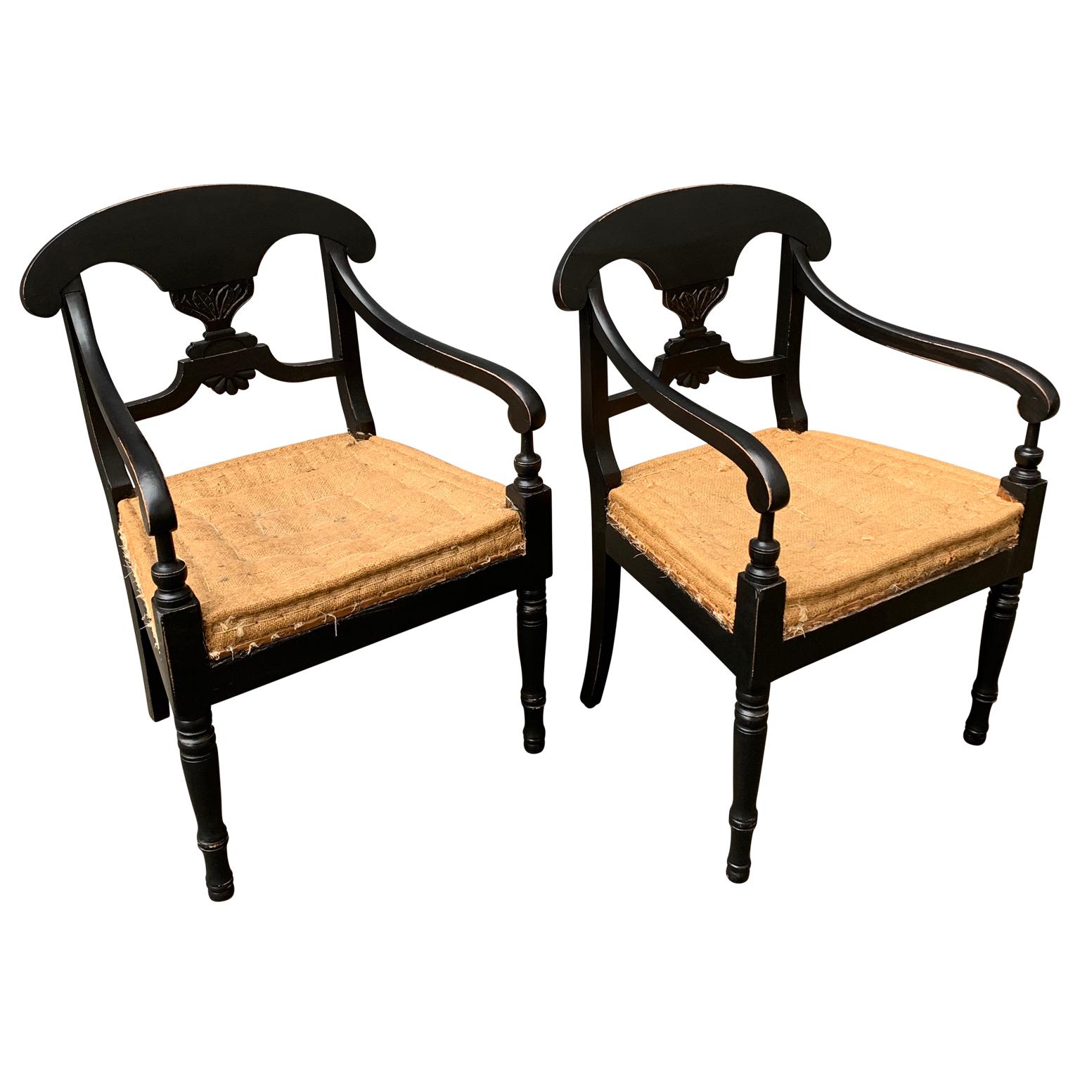 Pair Of Swedish Karl Johan Empire Black Painted Armchairs In Good Condition In Haddonfield, NJ