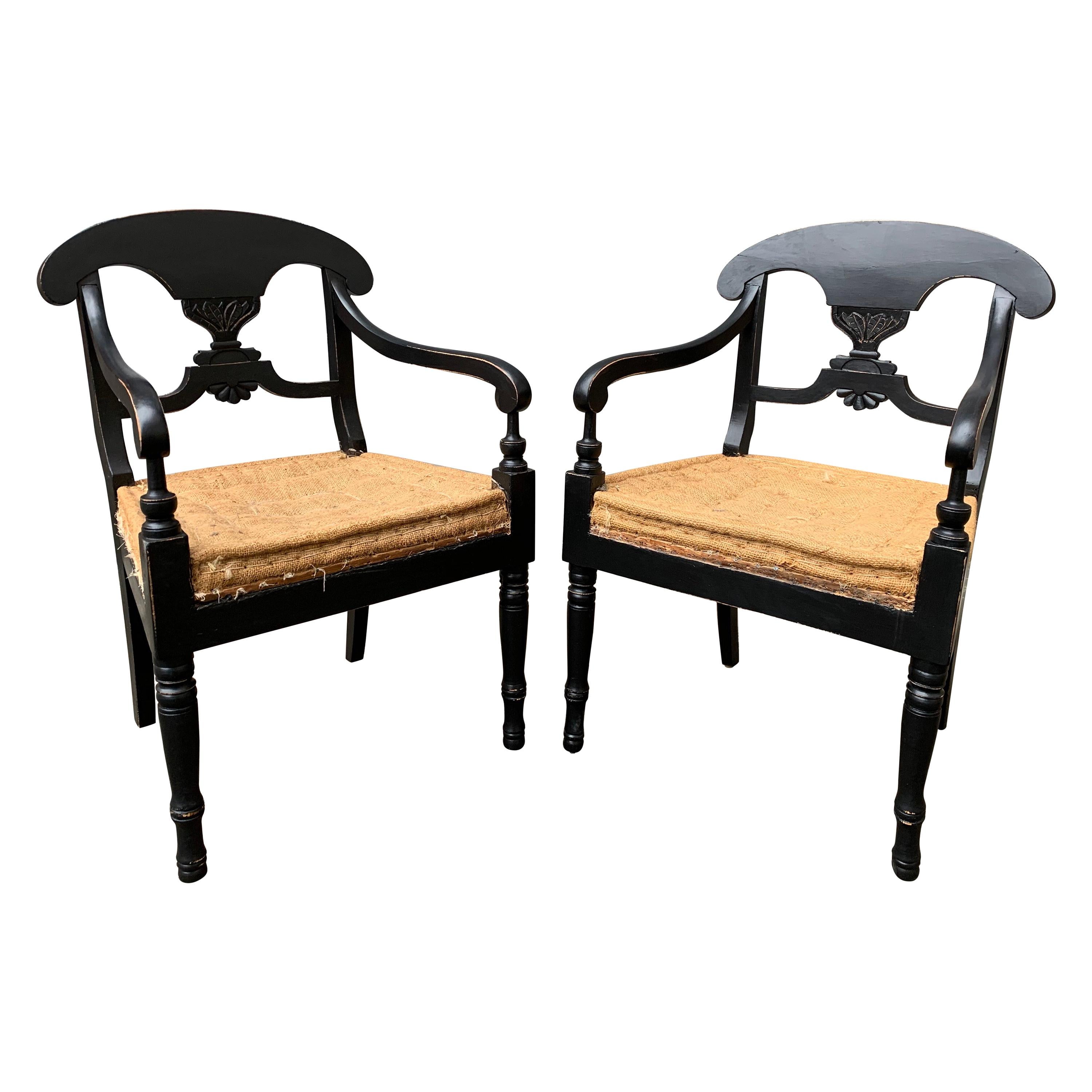 Pair Of Swedish Karl Johan Empire Black Painted Armchairs