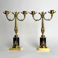 Pair of Swedish Karl Johan Empire Gilt and Patinated Brass Candelabra, 1820s