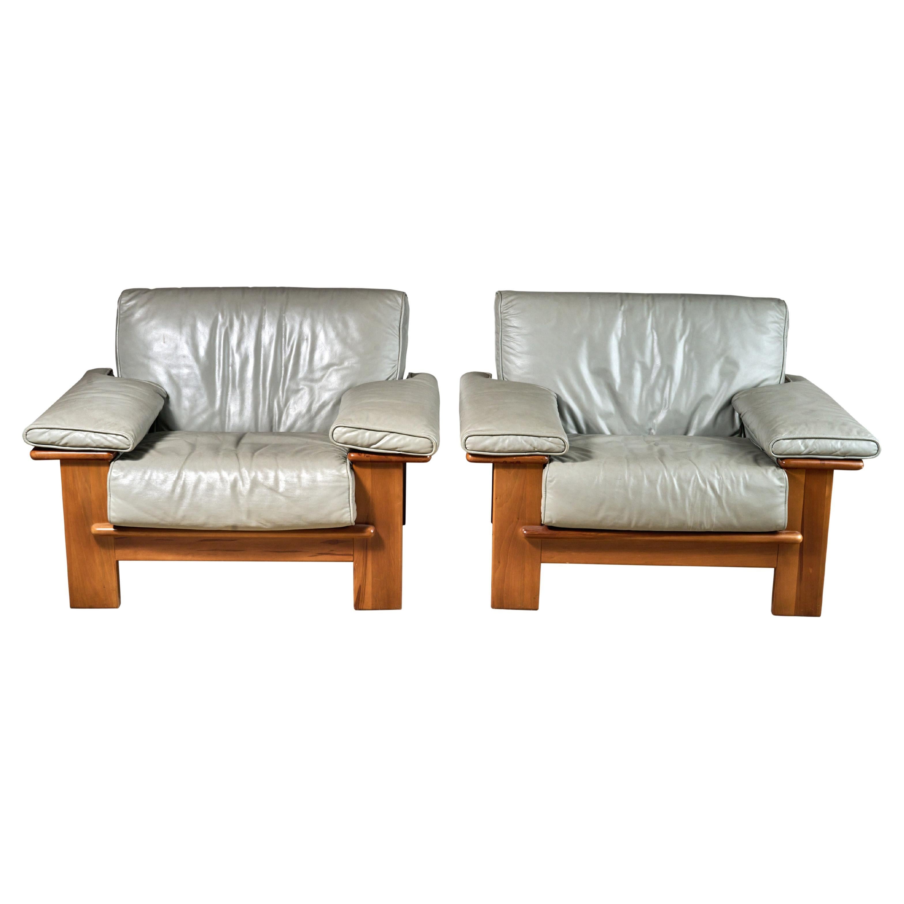 Pair of Swedish Leather and Wood Mid Century Chairs For Sale 1