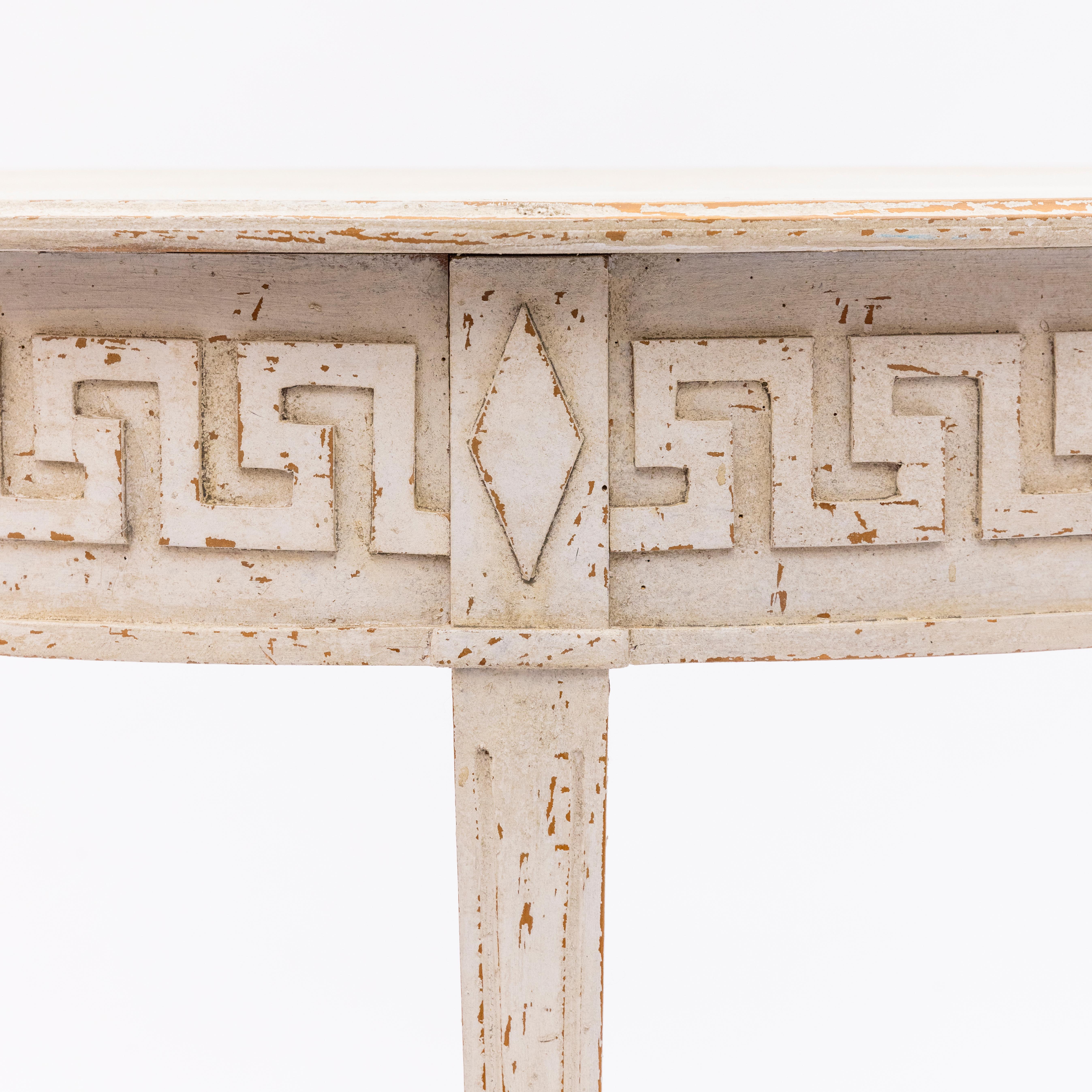 Painted Pair of Swedish Light Gray Gustavian-Style Demilune Console Tables
