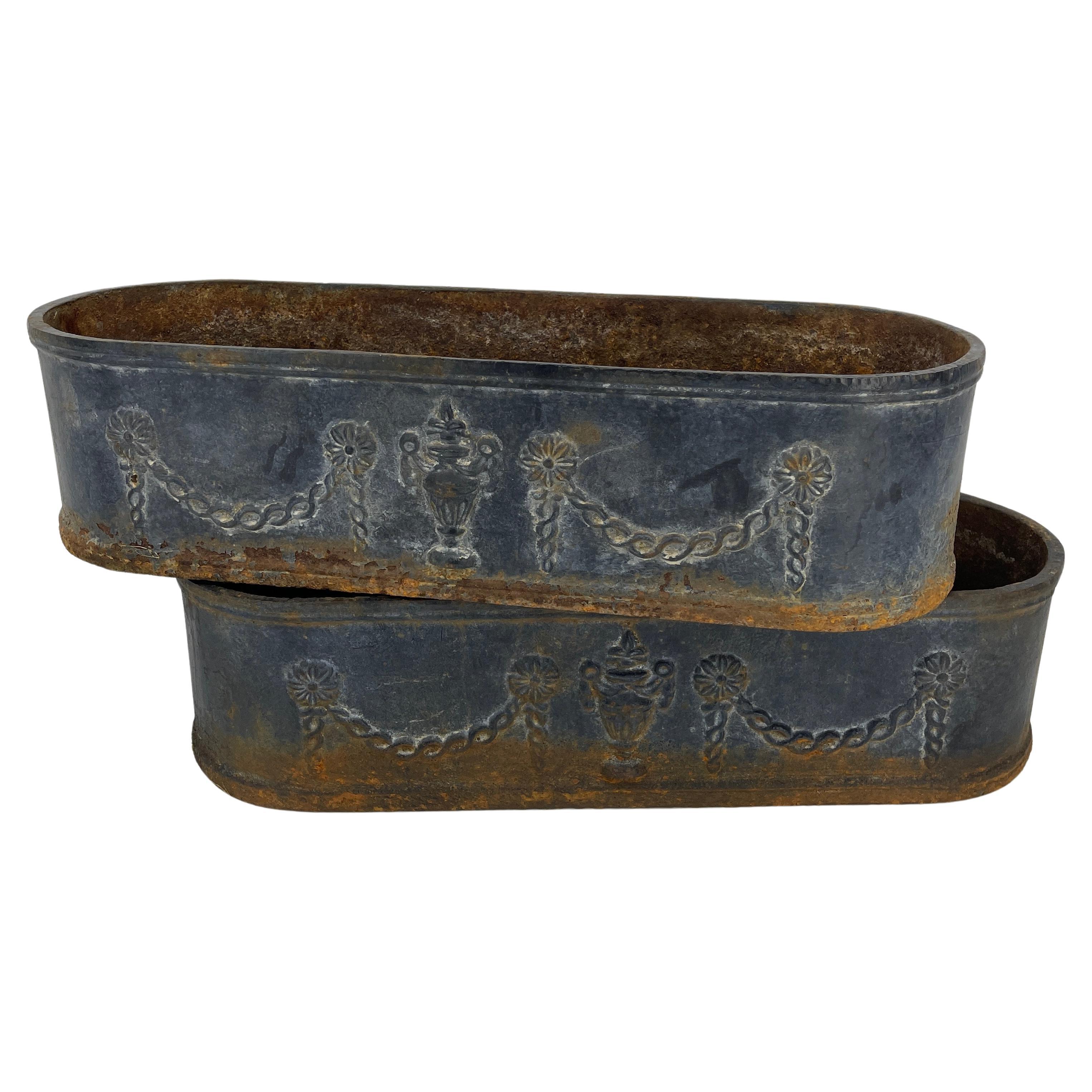 Pair of Swedish Louis Seize Cast Iron Blue Oval Planters, 19th Century