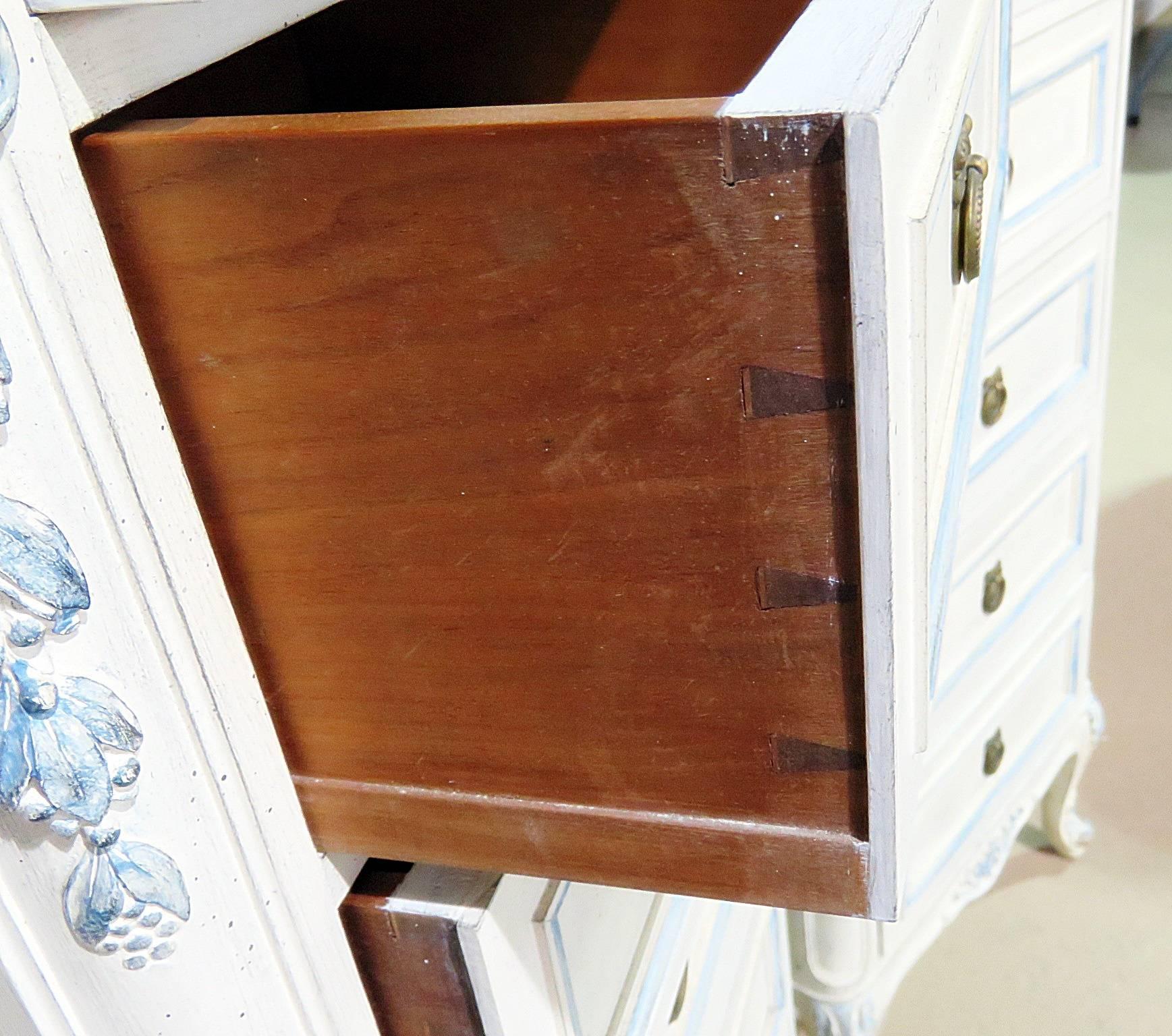 Pair of Swedish Louis XVI style six-drawer lingerie chests with distressed paint and glass tops.
