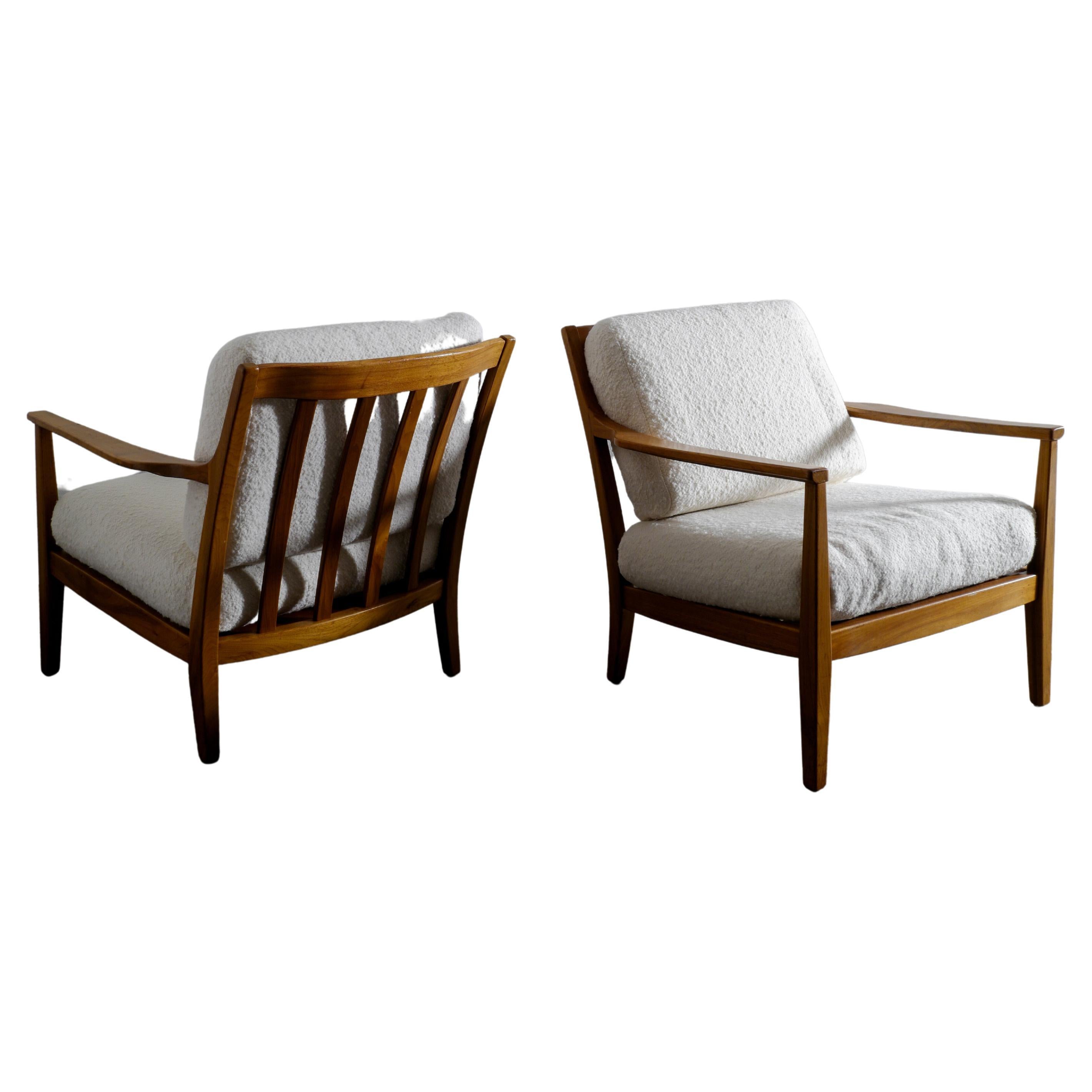 Pair of Swedish Lounge Arm Easy Chairs in Walnut and Bouclé Cushions, 1950s
