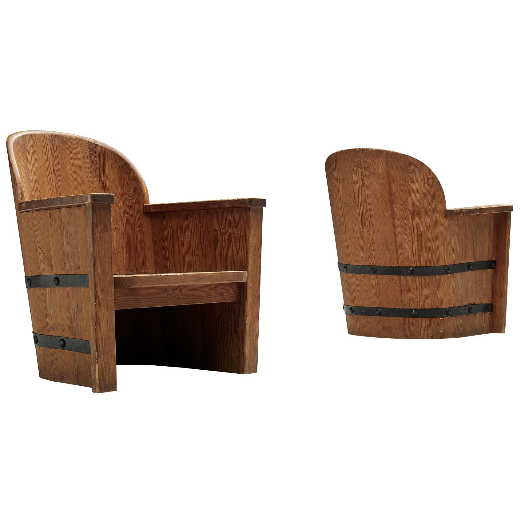 Swedish Pair of Lounge Chairs in Pine and Iron
