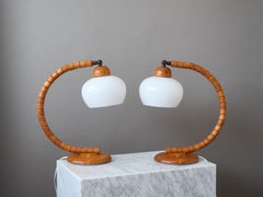 Pair of Swedish Markslöjd Beech Wood Table Lamps w. Original Glass Shades, 1980s