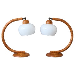 Pair of Swedish Markslöjd Beech Wood Table Lamps w. Original Glass Shades, 1980s