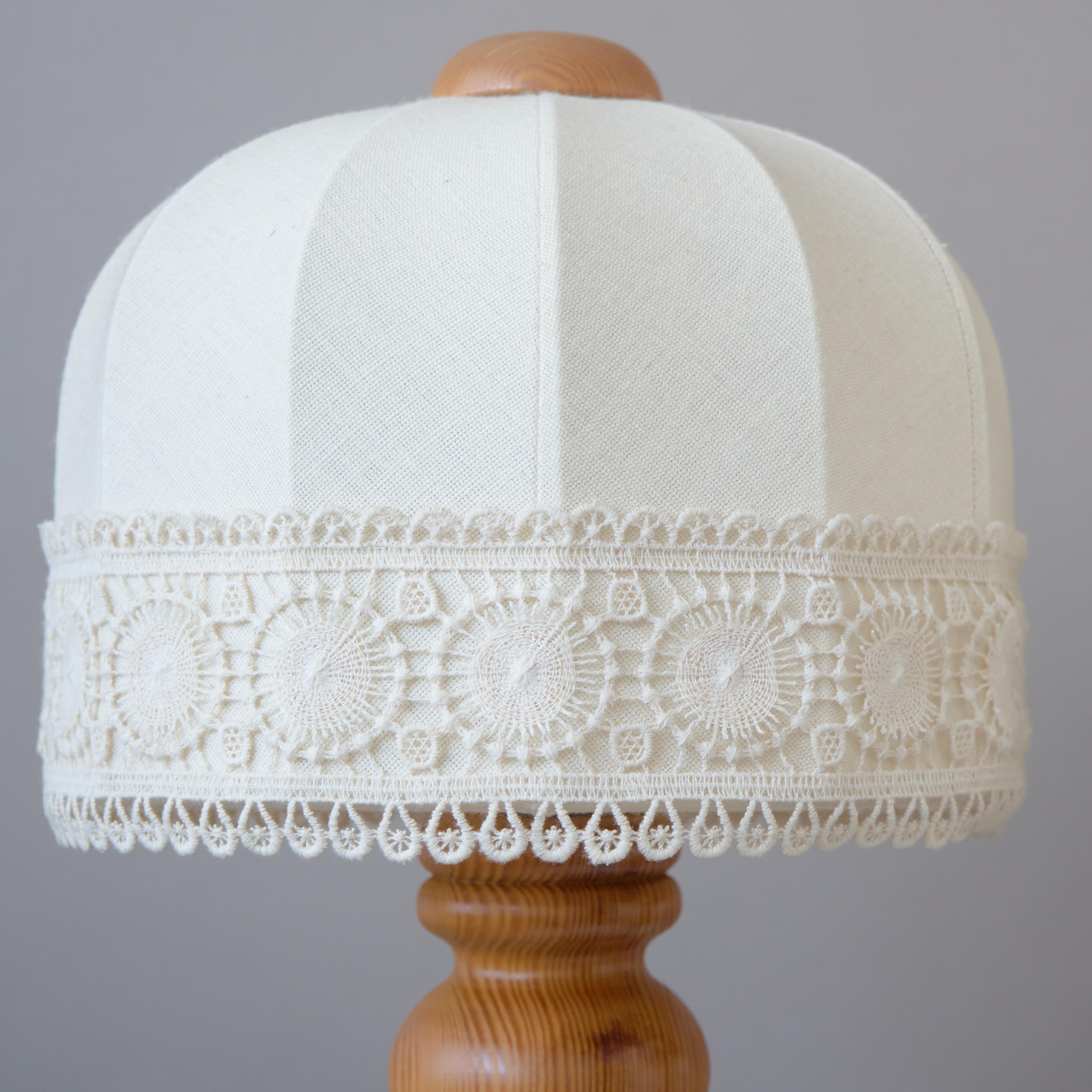 Turned Pair of Swedish Markslöjd Pine Wood Table Lamps w. Original Fabric Shades, 1970s For Sale