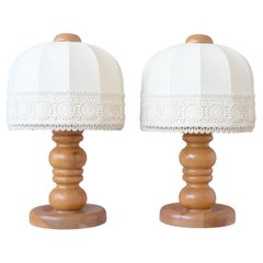 Pair of Swedish Markslöjd Pine Wood Table Lamps w. Original Fabric Shades, 1970s