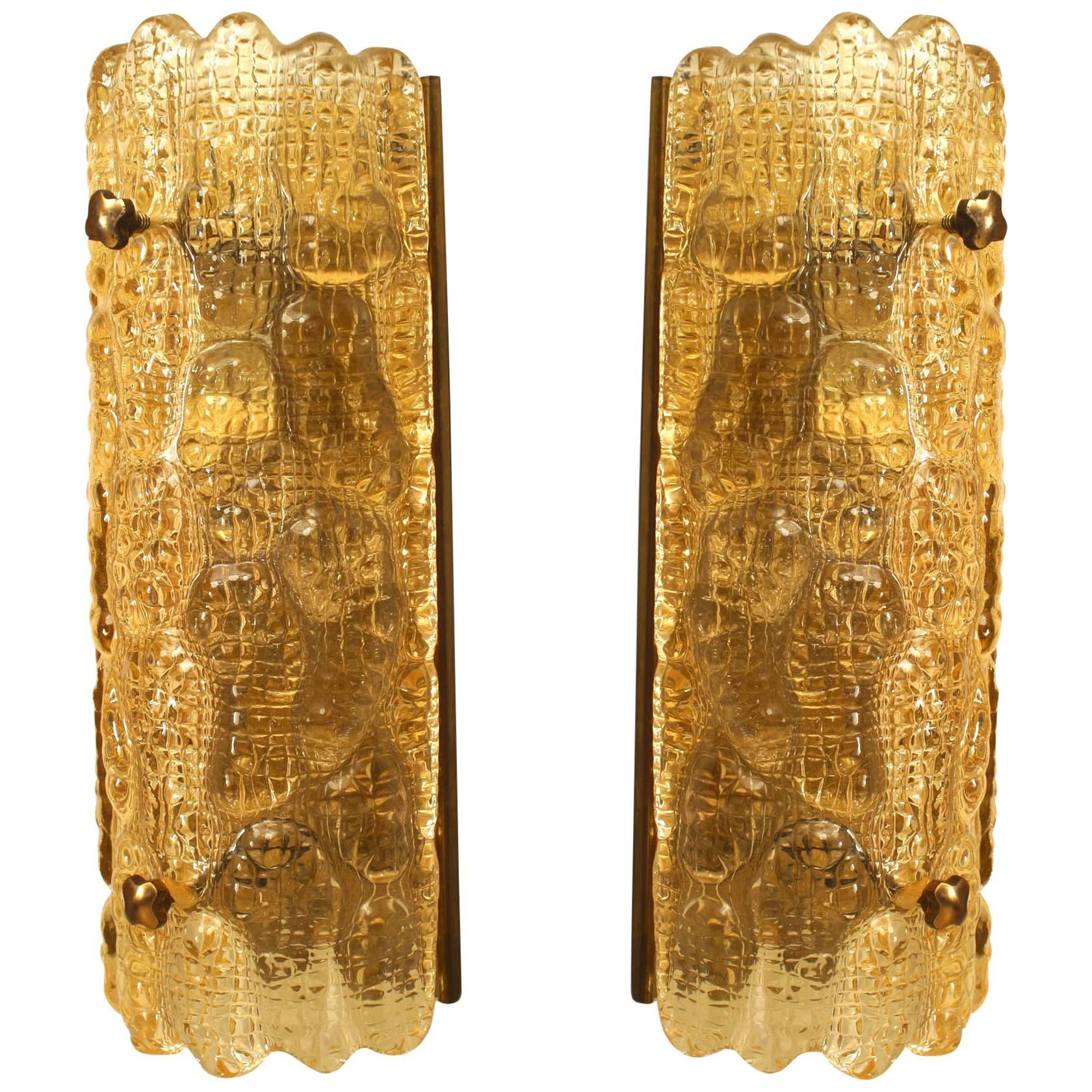 Pair of Nils Landberg Swedish Orrefors Crocodile Amber Glass Wall Sconces