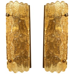 Pair of Nils Landberg Swedish Orrefors Crocodile Amber Glass Wall Sconces