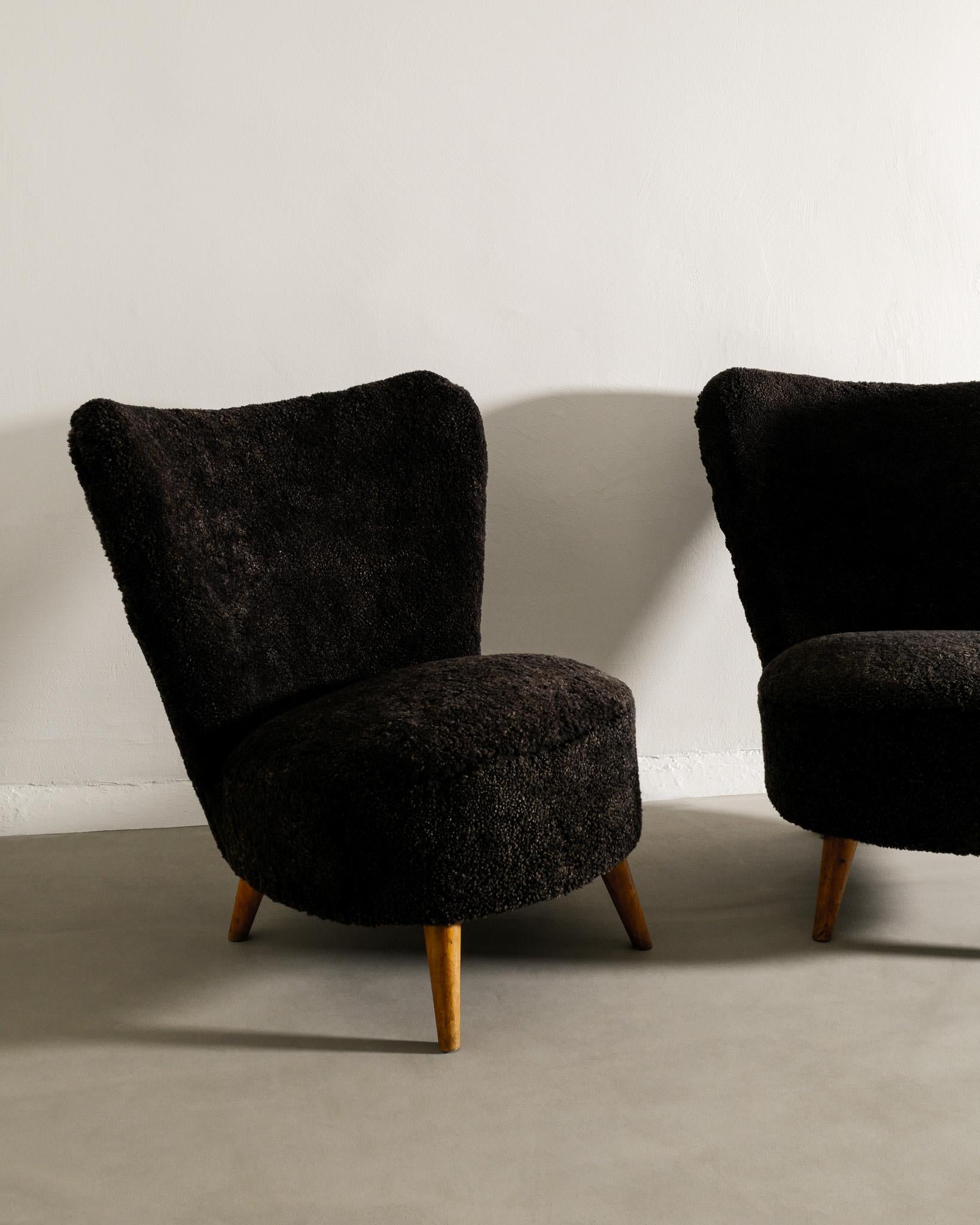 Scandinavian Modern Pair of Swedish Mid Century Armless Easy Chairs in Sheepskin Produced, 1940s  For Sale
