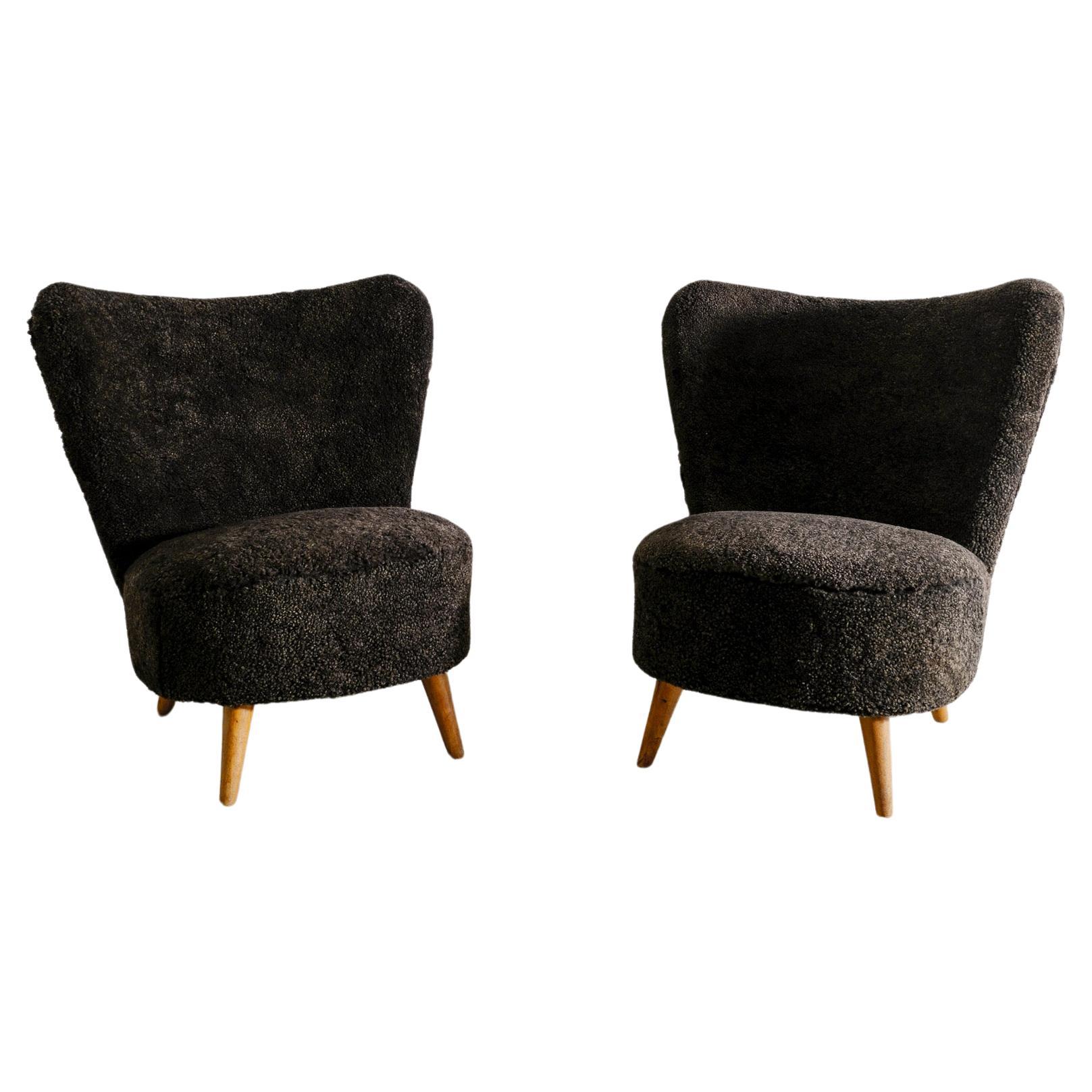 Pair of Swedish Mid Century Armless Easy Chairs in Sheepskin Produced, 1940s 