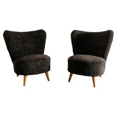 Pair of Swedish Mid Century Armless Easy Chairs in Sheepskin Produced, 1940s 