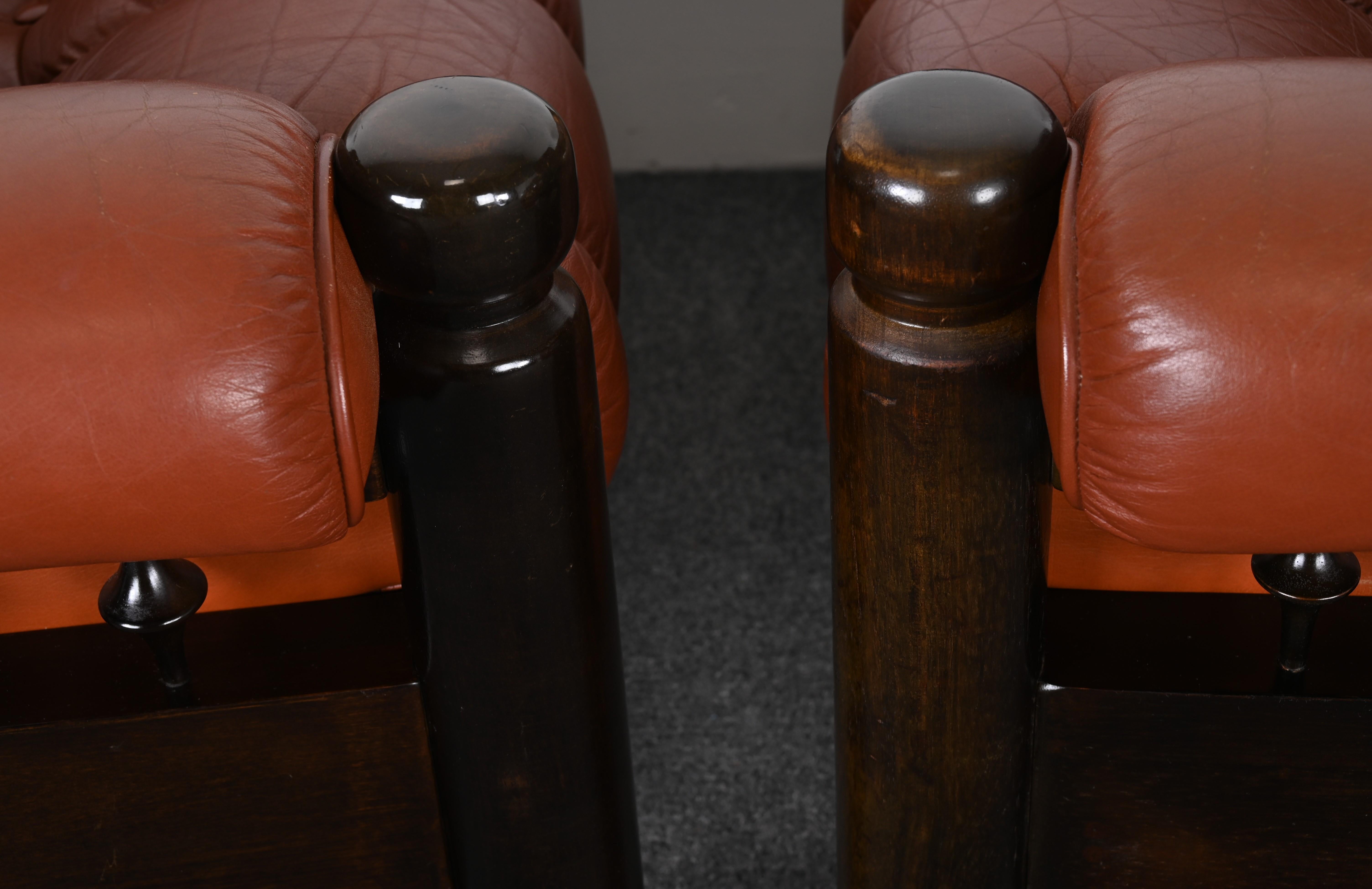 Pair of Swedish Mid Century Leather Lounge Chairs with a Moroccan design, 1960s 5