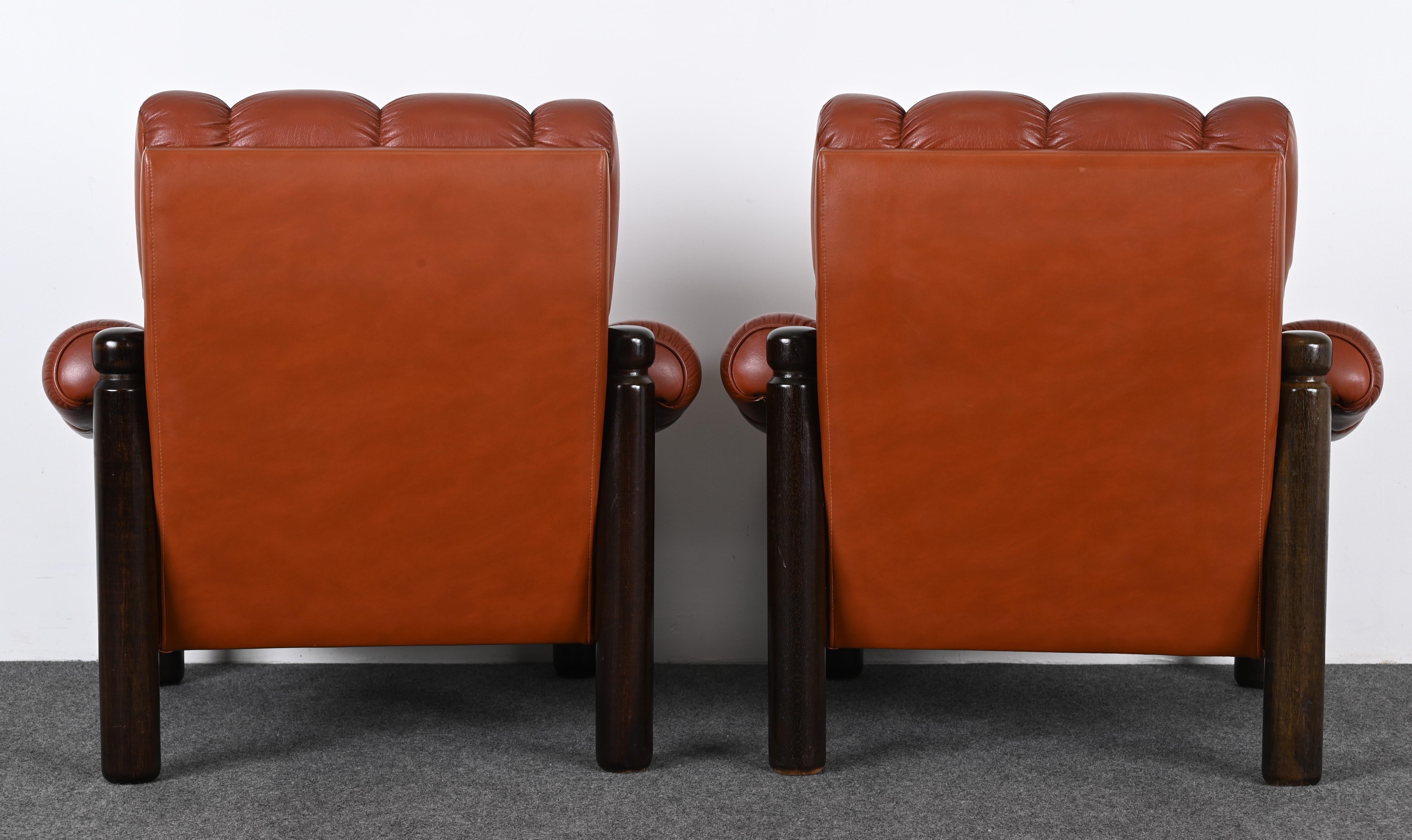 Pair of Swedish Mid Century Leather Lounge Chairs with a Moroccan design, 1960s 6