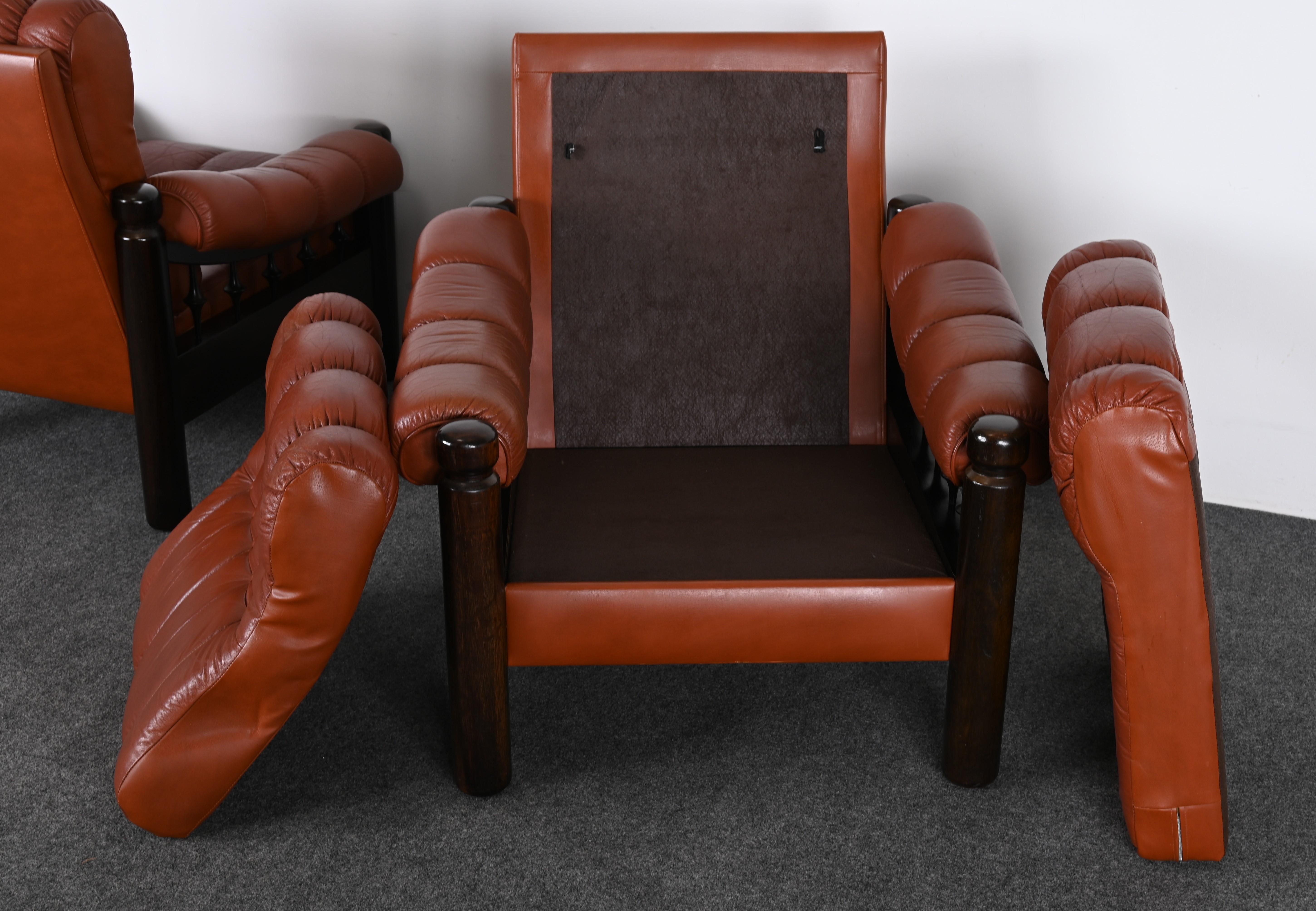 Pair of Swedish Mid Century Leather Lounge Chairs with a Moroccan design, 1960s 8