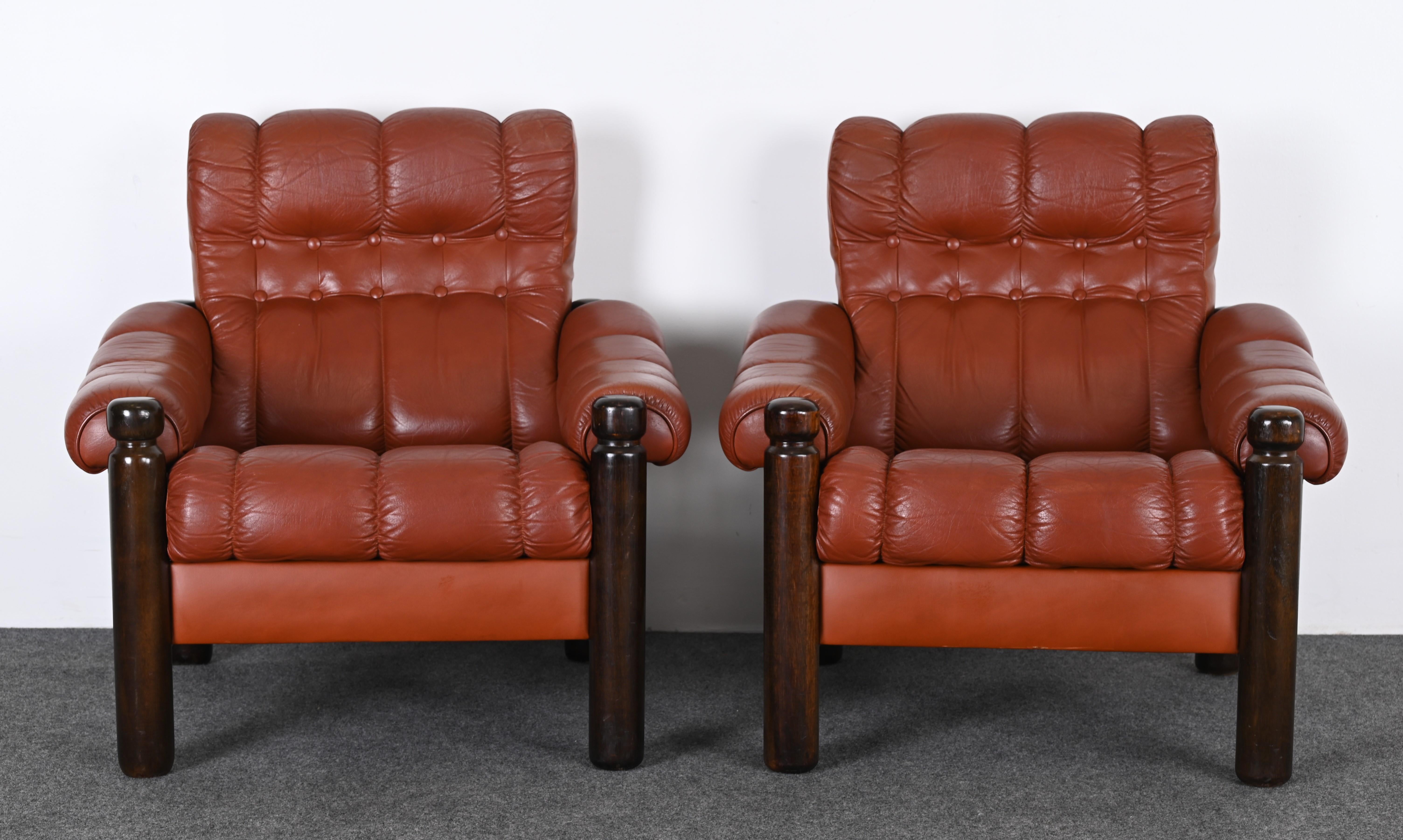 Pair of Swedish Mid Century Leather Lounge Chairs with a Moroccan design, 1960s In Good Condition In Hamburg, PA