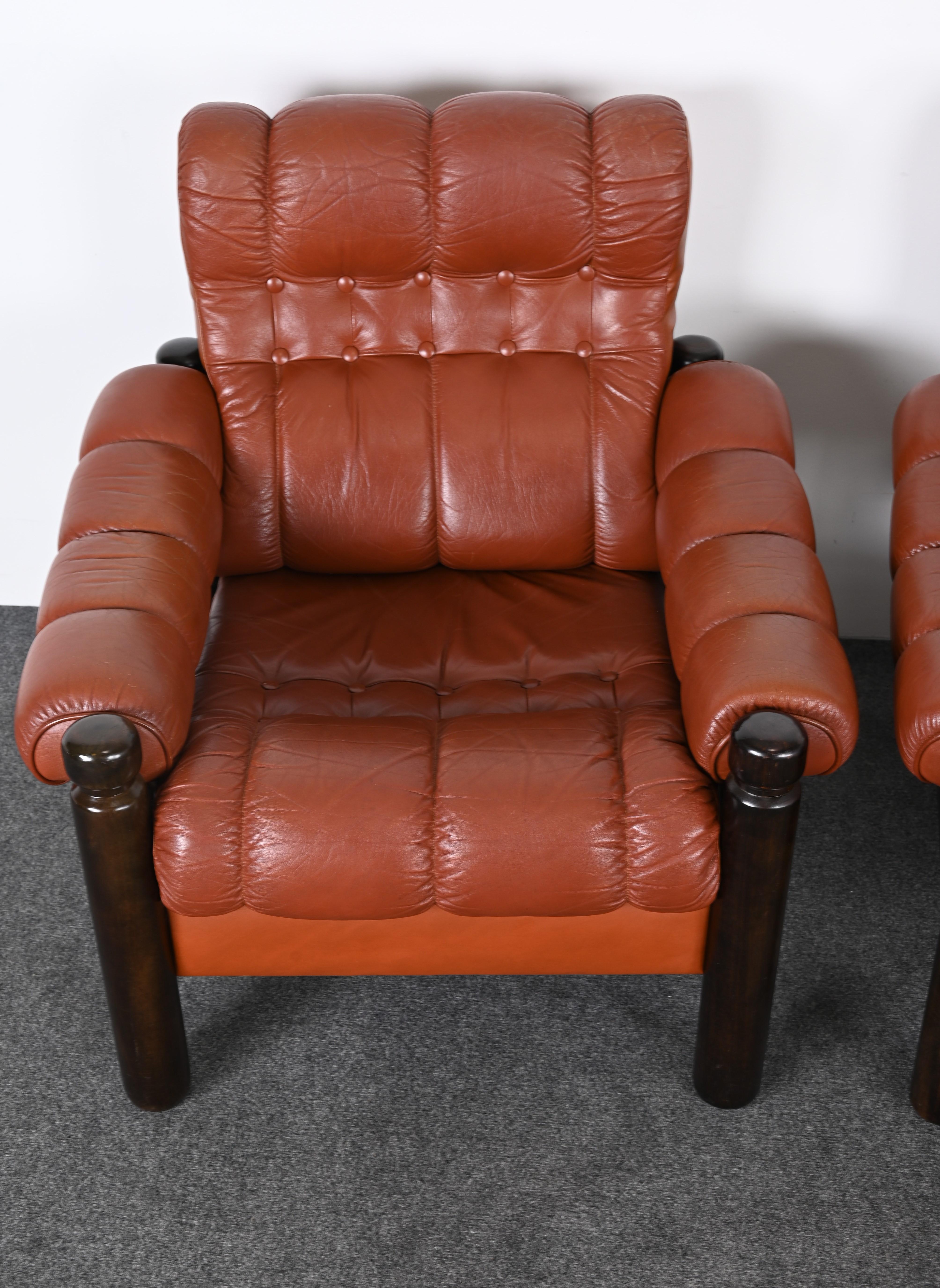 Mid-20th Century Pair of Swedish Mid Century Leather Lounge Chairs with a Moroccan design, 1960s
