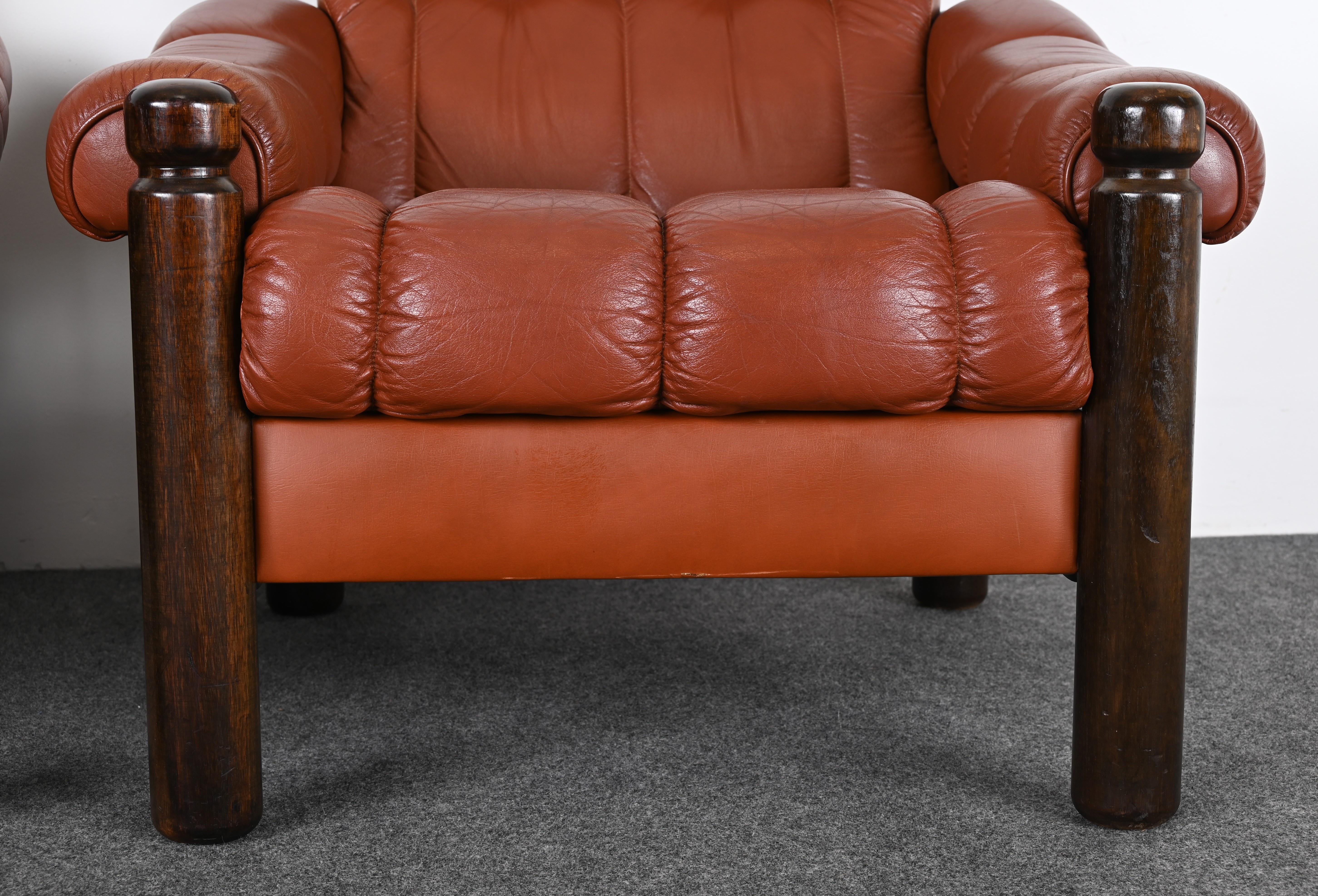 Pair of Swedish Mid Century Leather Lounge Chairs with a Moroccan design, 1960s 2