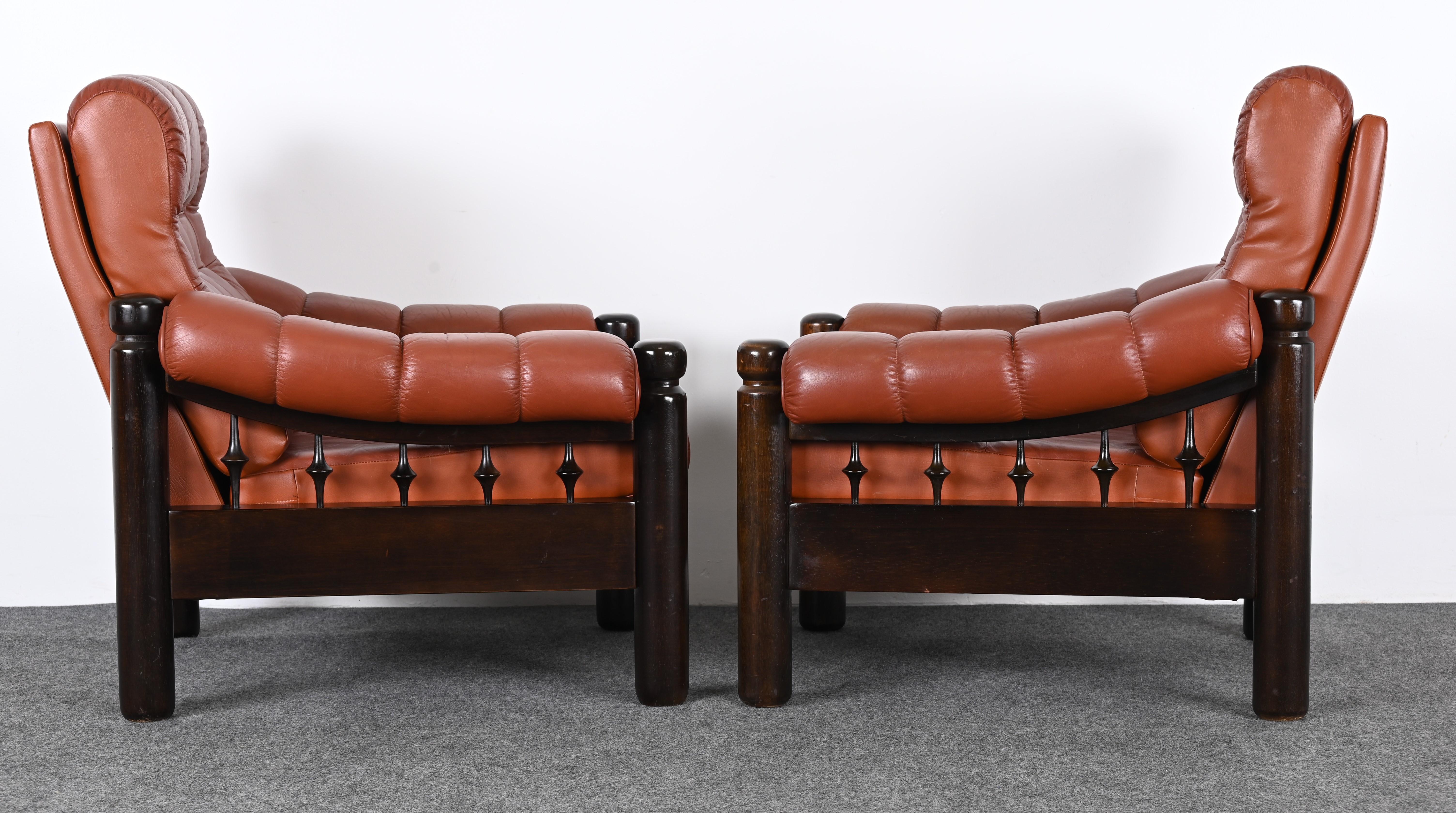 Pair of Swedish Mid Century Leather Lounge Chairs with a Moroccan design, 1960s 4