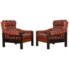 Pair of Swedish Mid Century Leather Lounge Chairs with a Moroccan design, 1960s