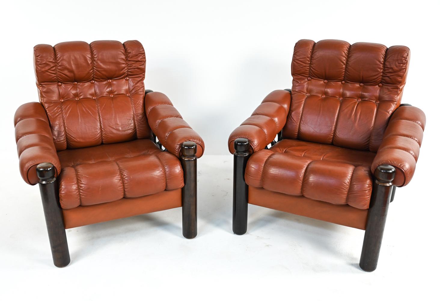 Pair of Swedish Mid-Century Leather & Stained Wood Lounge Chairs 5