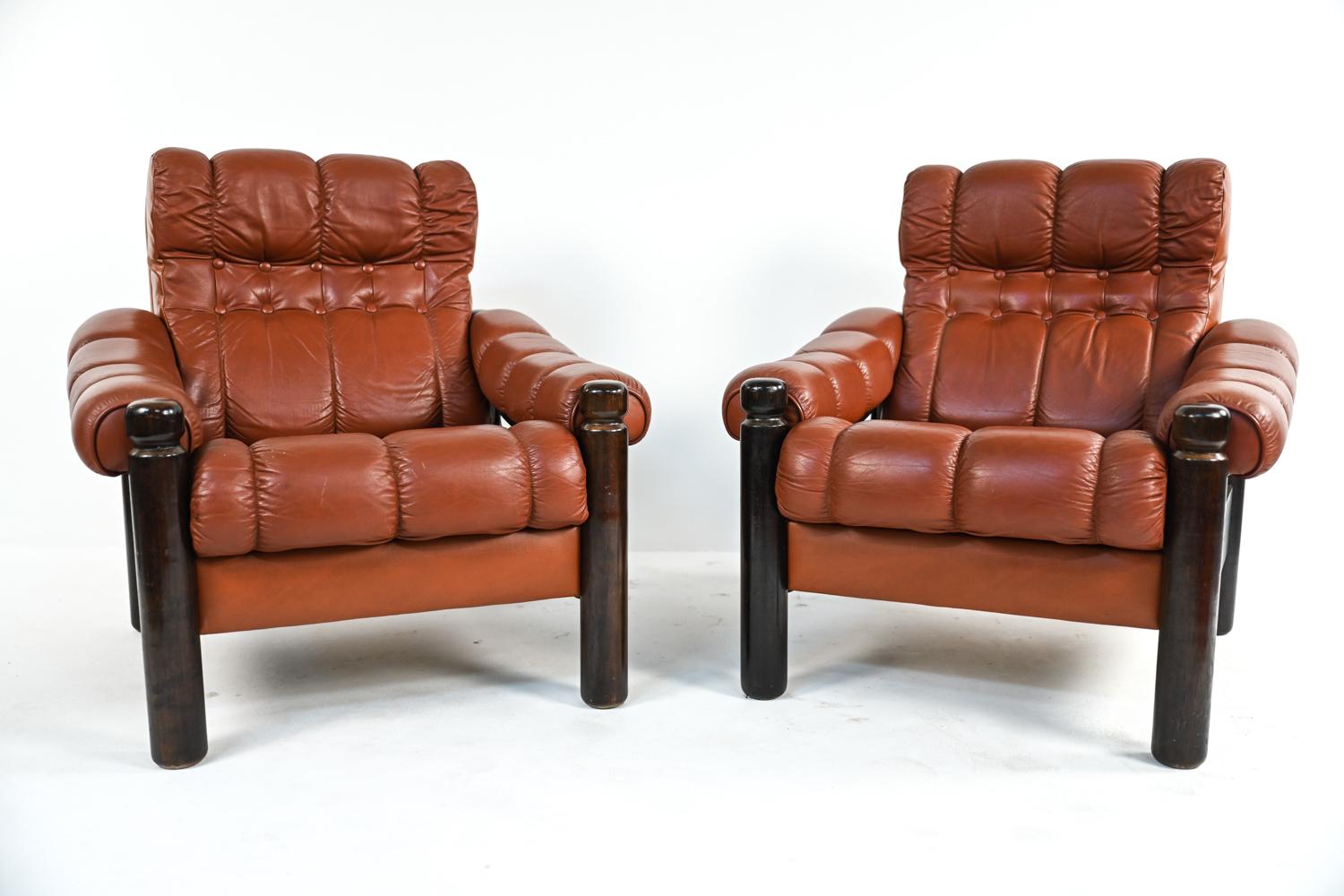 Pair of Swedish Mid-Century Leather & Stained Wood Lounge Chairs 6